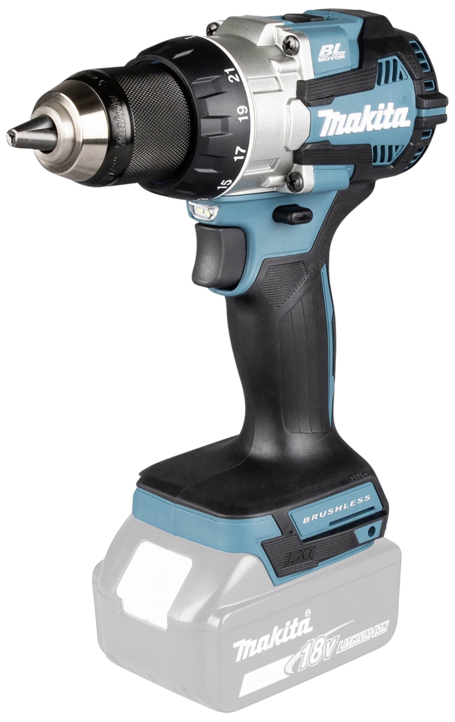 A cordless drill driver with blue and black surface. Brand name on the side. Battery located at the bottom. Ideal for construction work.<br><br>Note: This is already very close to British English. No significant changes were needed.