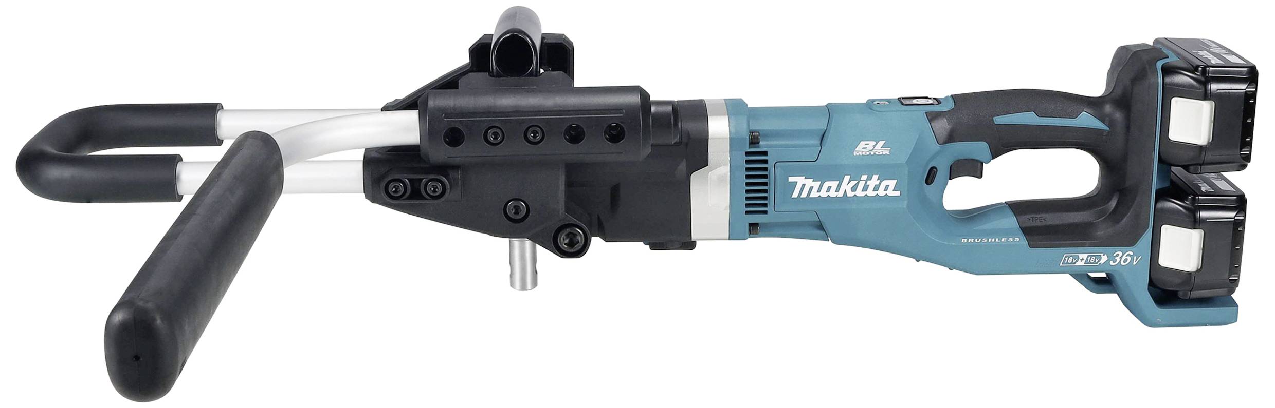 Cordless drill viewed from the side, Makita brand, with blue and black casing, two batteries and a front handle.