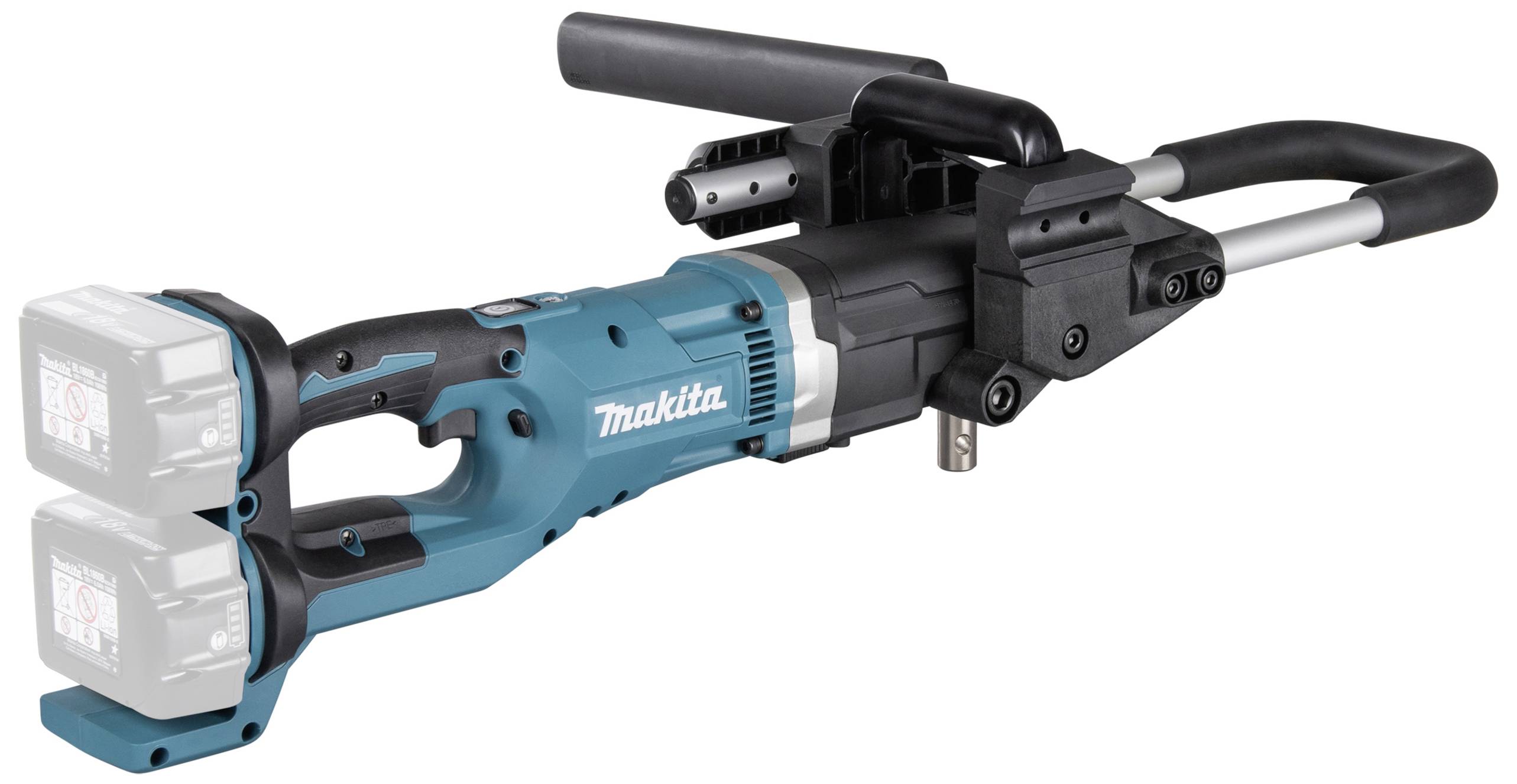 Makita battery-powered sweeper in blue and black, supplied with two batteries and ergonomic handles, suitable for construction site cleaning.