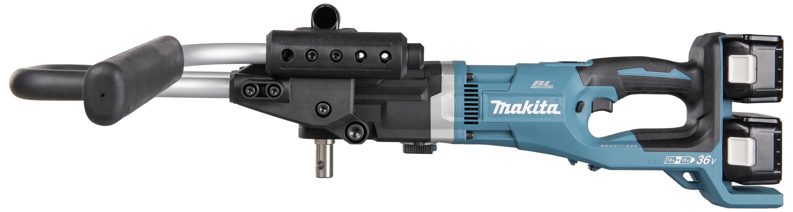 Makita battery-powered punch driver in blue and black with two battery compartments and a side handle, suitable for metalworking.