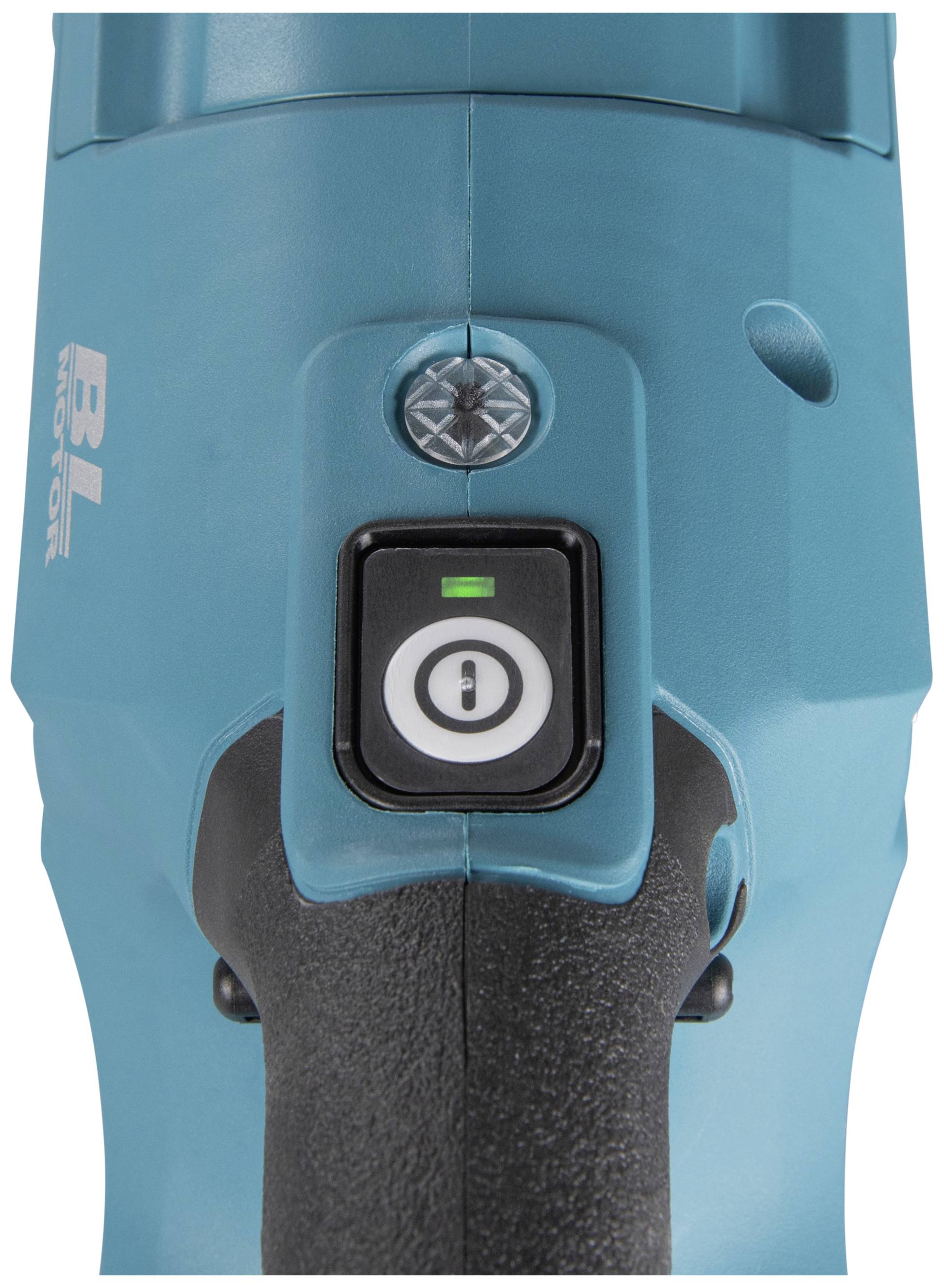 A blue electric power tool with an on/off switch in the centre. A green indicator light shows the operational status.