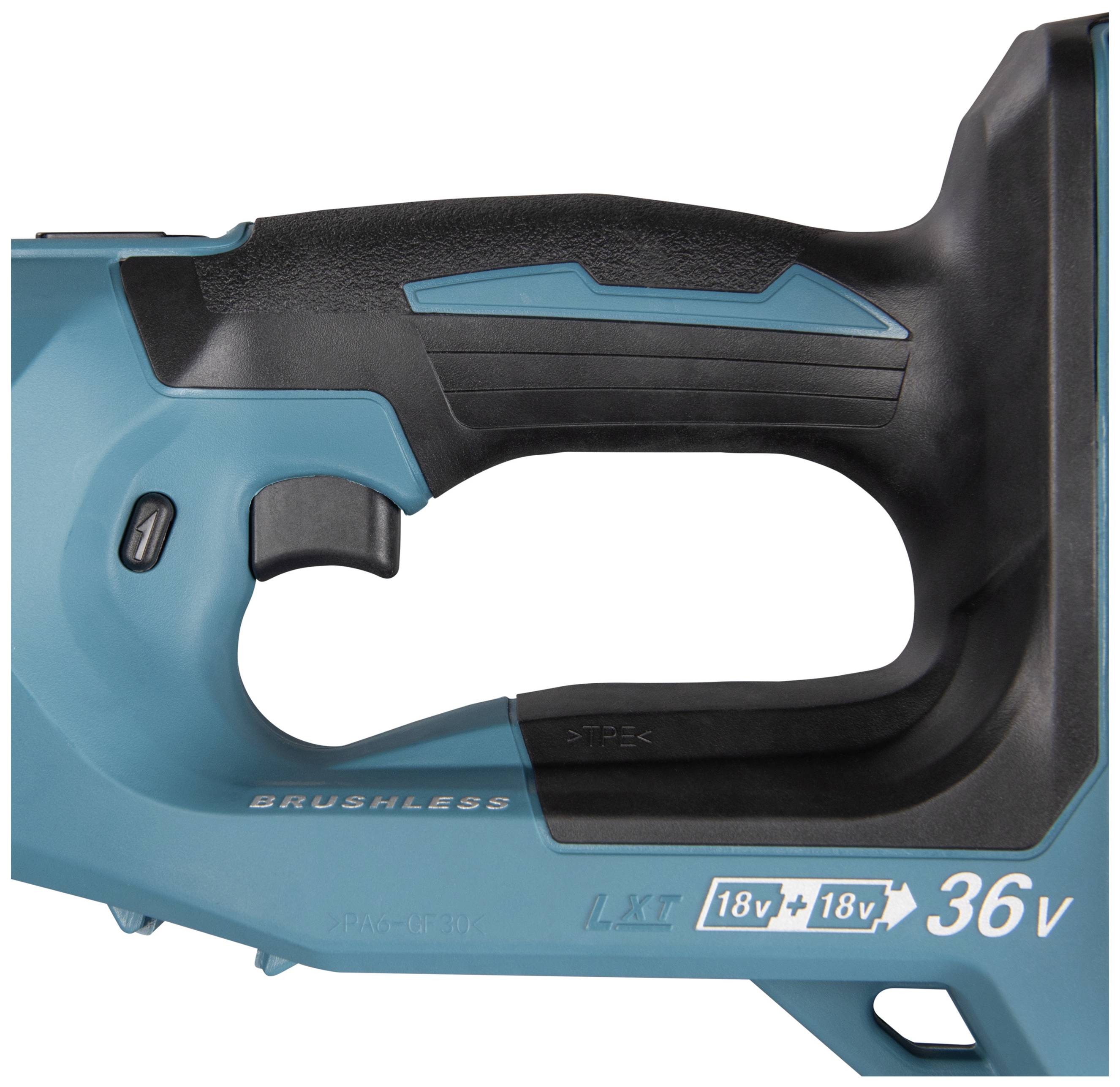 A component of an electric tool with an ergonomically shaped handle, blue casing, and labelling '18V + 18V = 36V'.