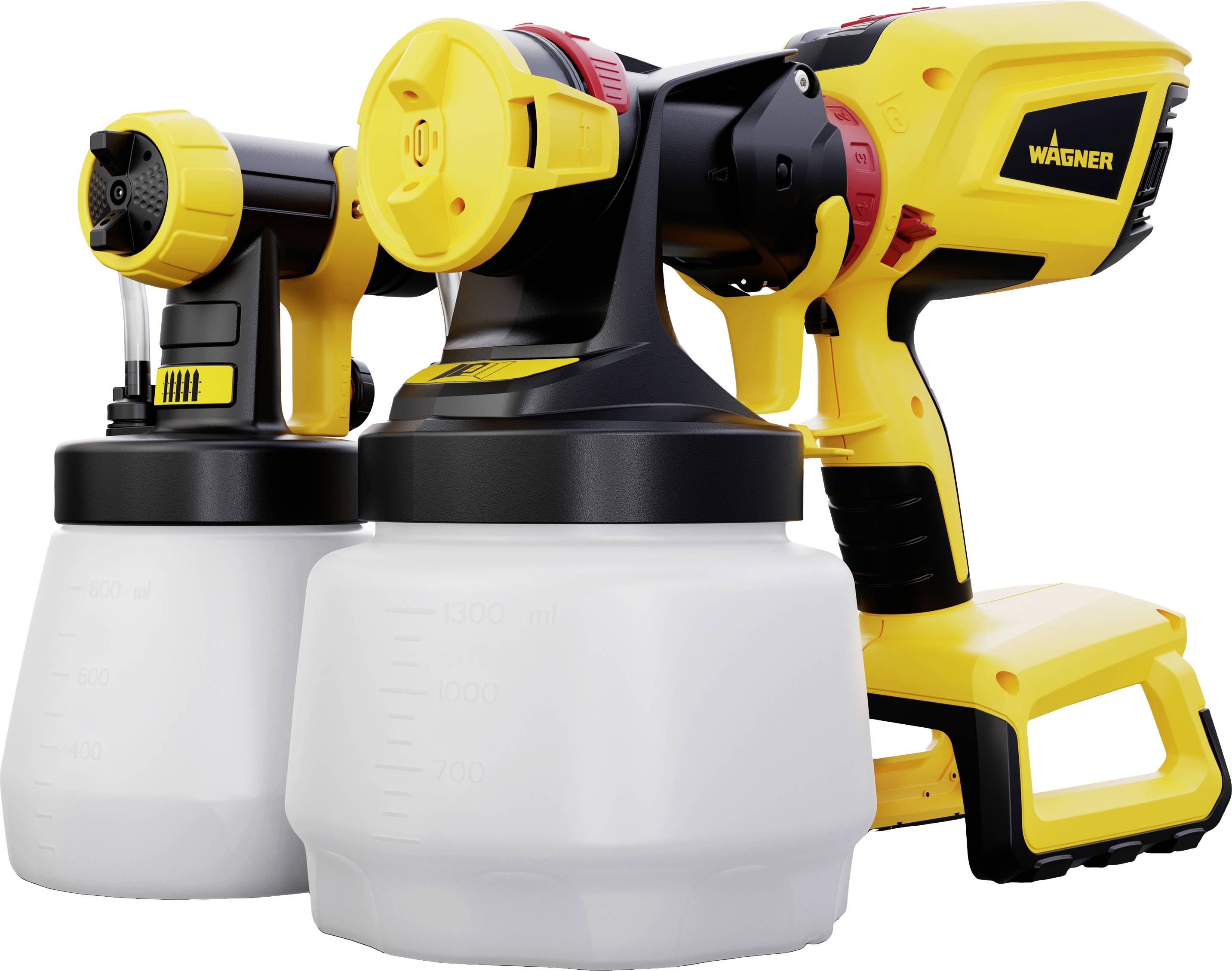 Two yellow spray painting systems with black and white details stand side by side.