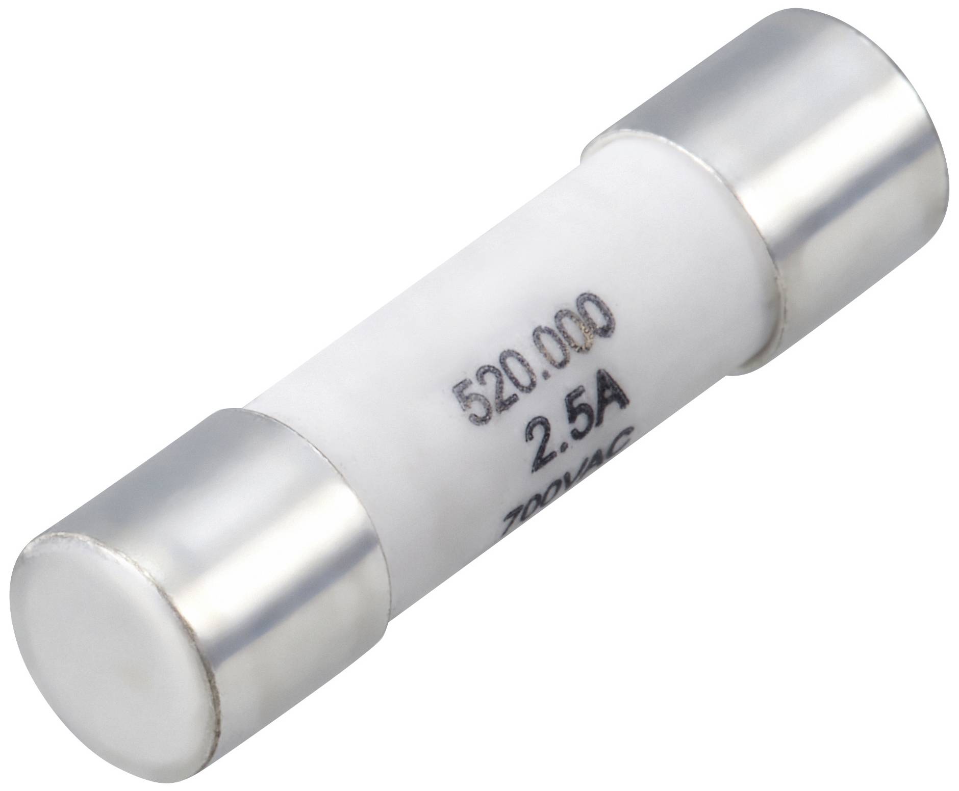 A cylindrical glass fuse marked '520.000 2.5A 700VAC', representing a current of 2.5 amperes.