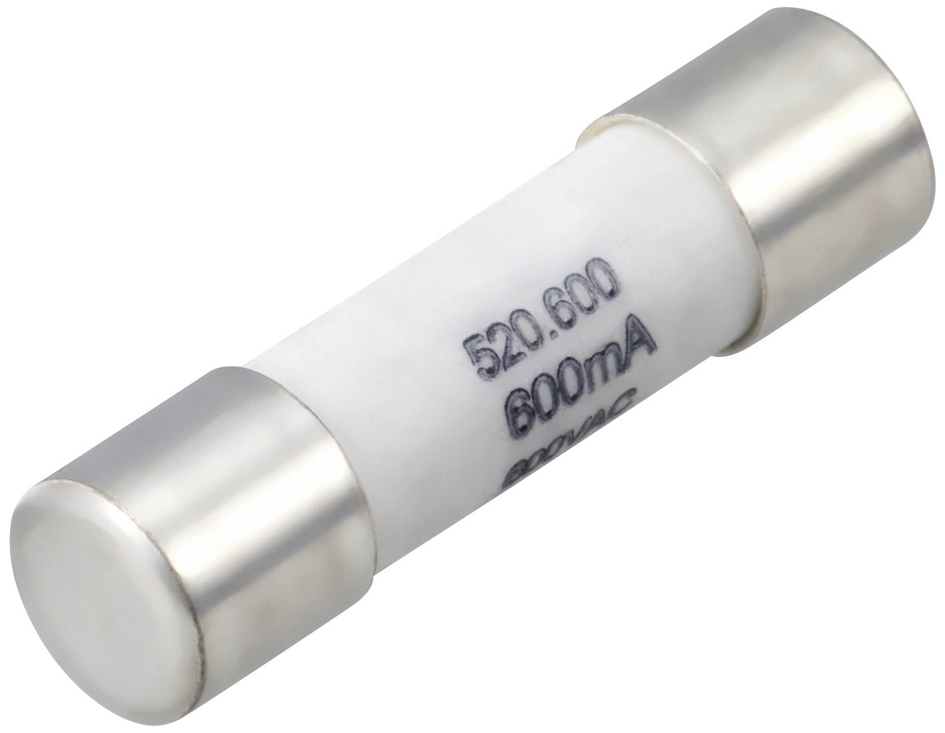A white cylindrical glass fuse with metal end caps. On the surface it reads '520.600 600mA'.