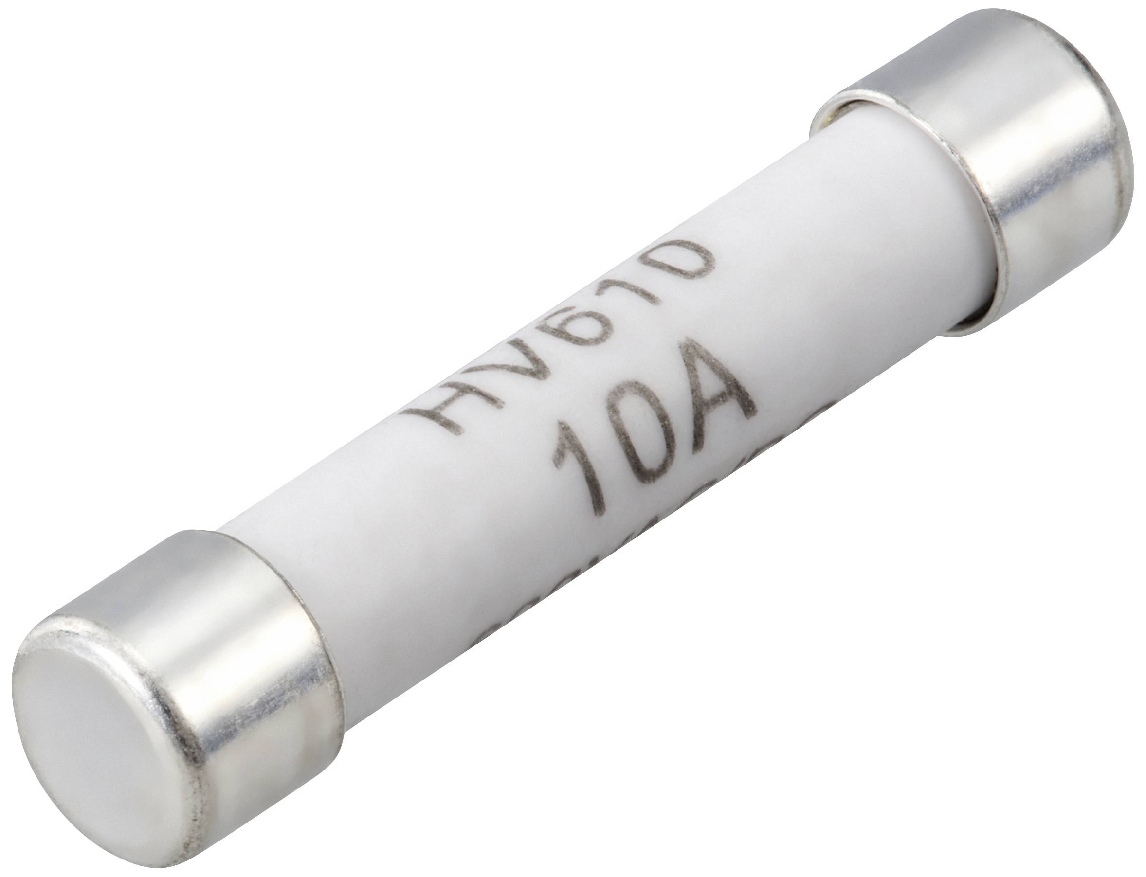 A white cylindrical fuse marked with 'HV61D 10A'.