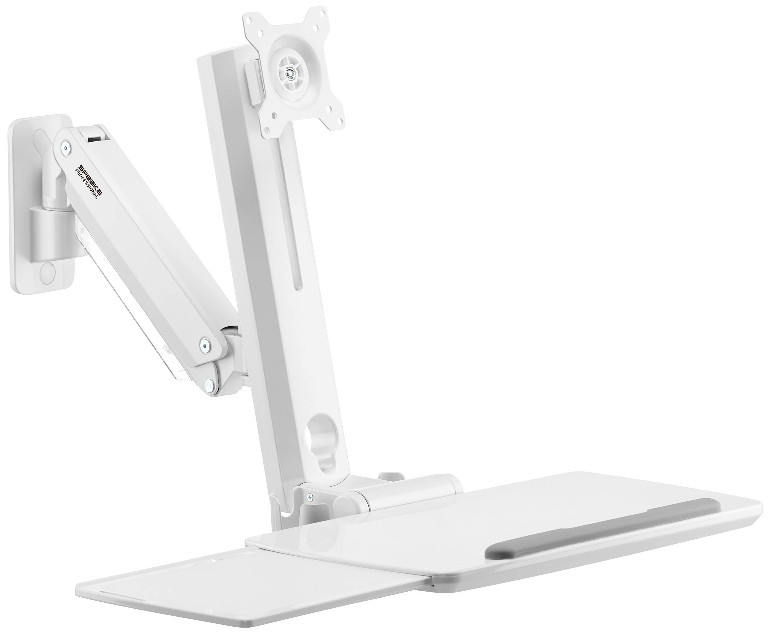 A height-adjustable, white monitor arm with keyboard tray for wall mounting, perfect for ergonomic workspaces.
