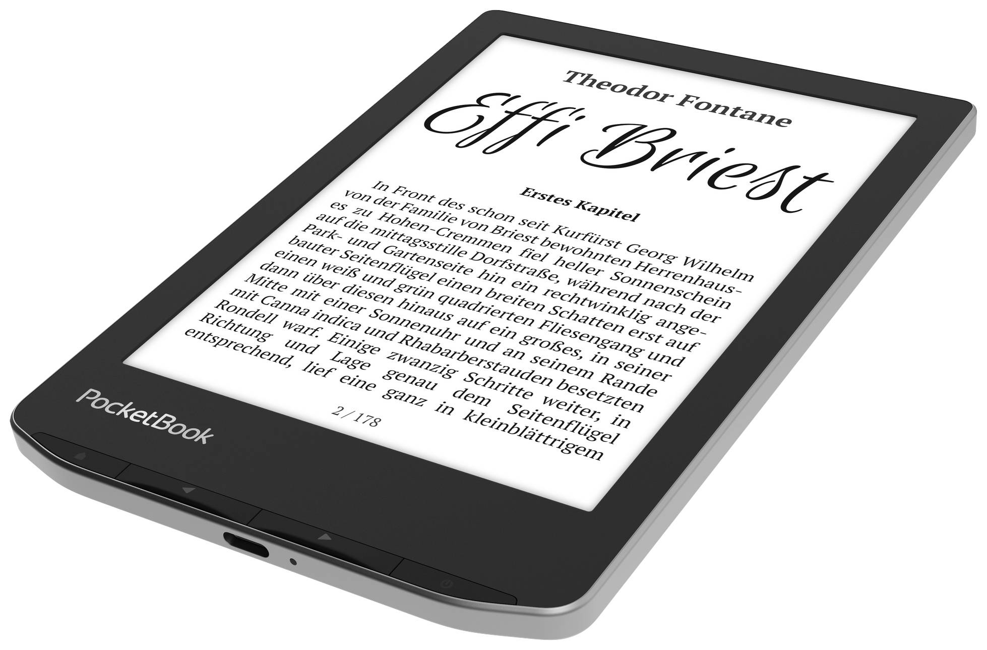 An e-book reader displays the book page of the novel 'Effi Briest' by Theodor Fontane. The device is shown at an angle.