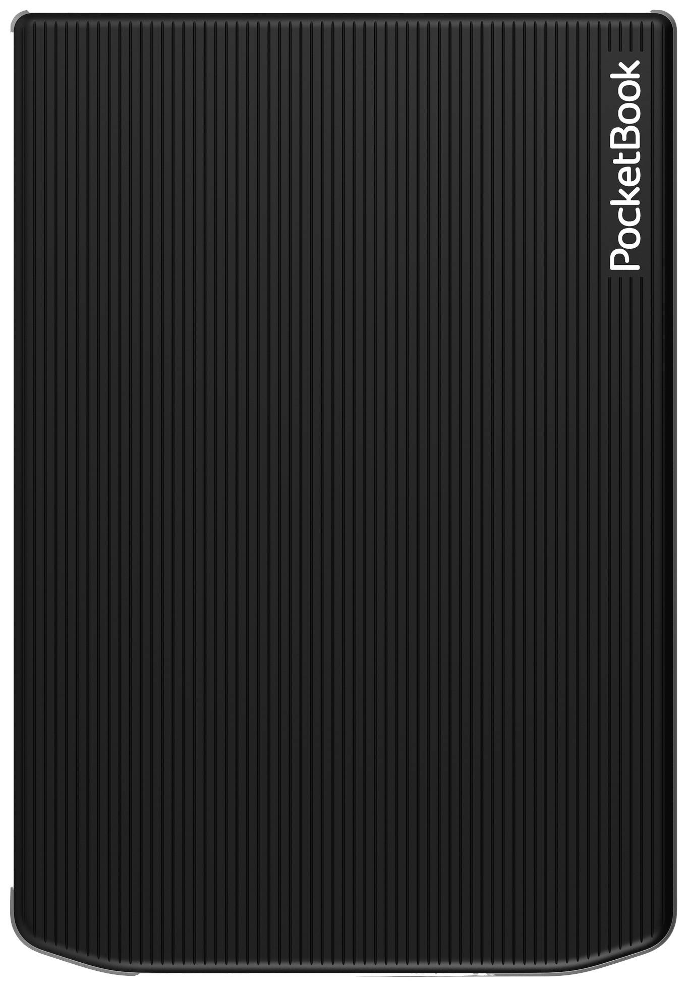 Black e-reader with vertical grooves, with the word 'PocketBook' in white text in the top right corner.