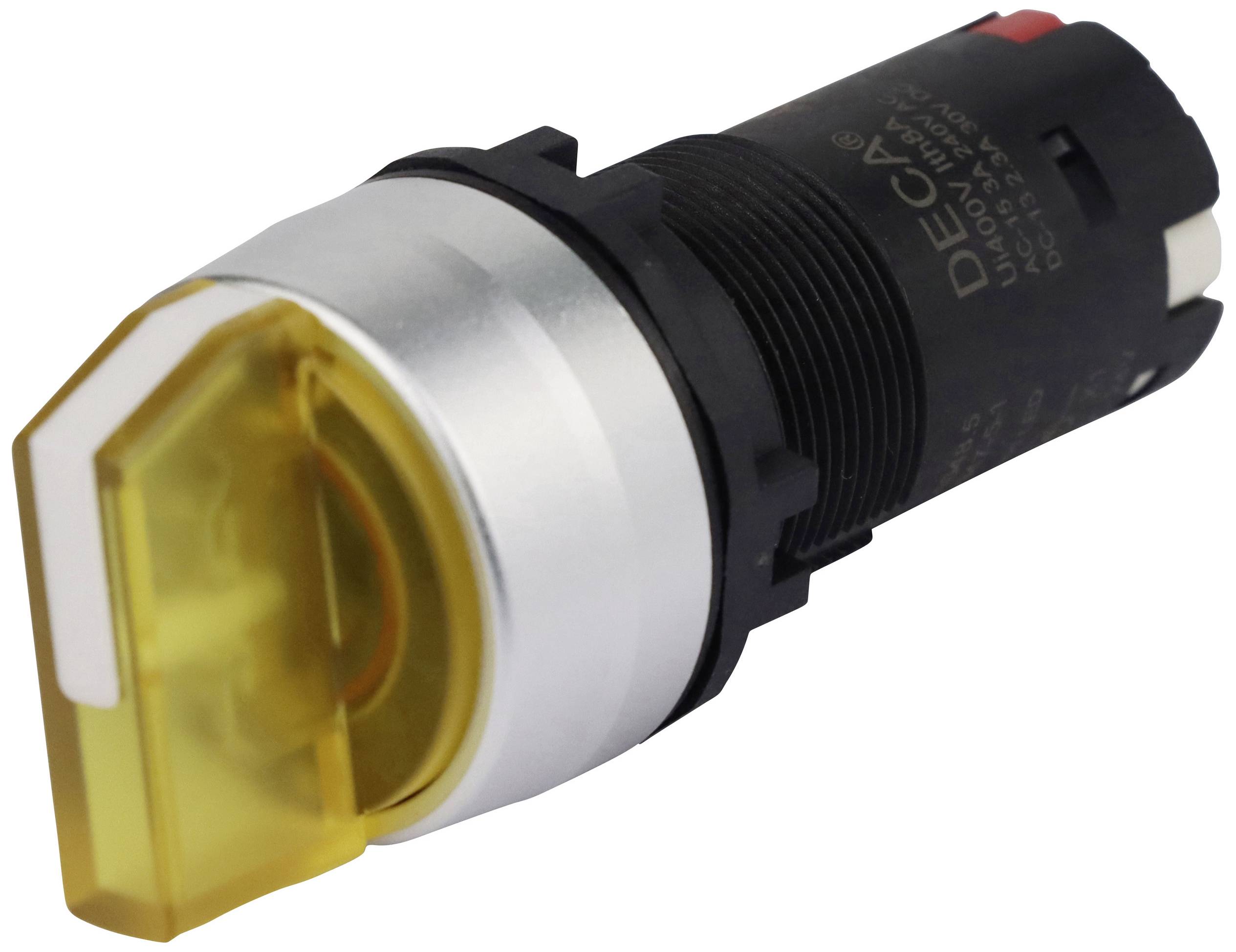 A yellow, round actuator with a silver casing, used for electrical switching devices.