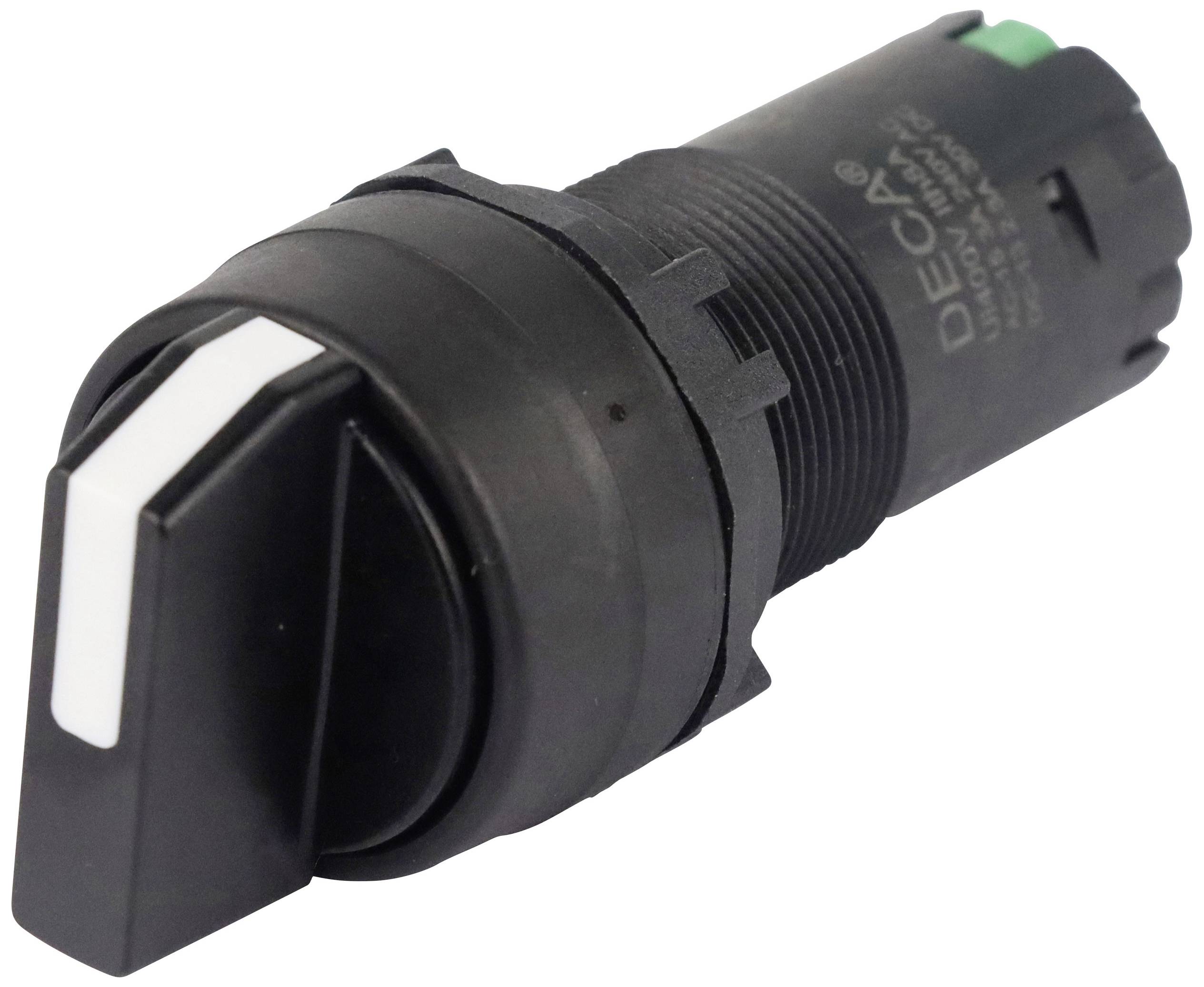 Black rotary switch with white arrow; used for operating electronic devices.