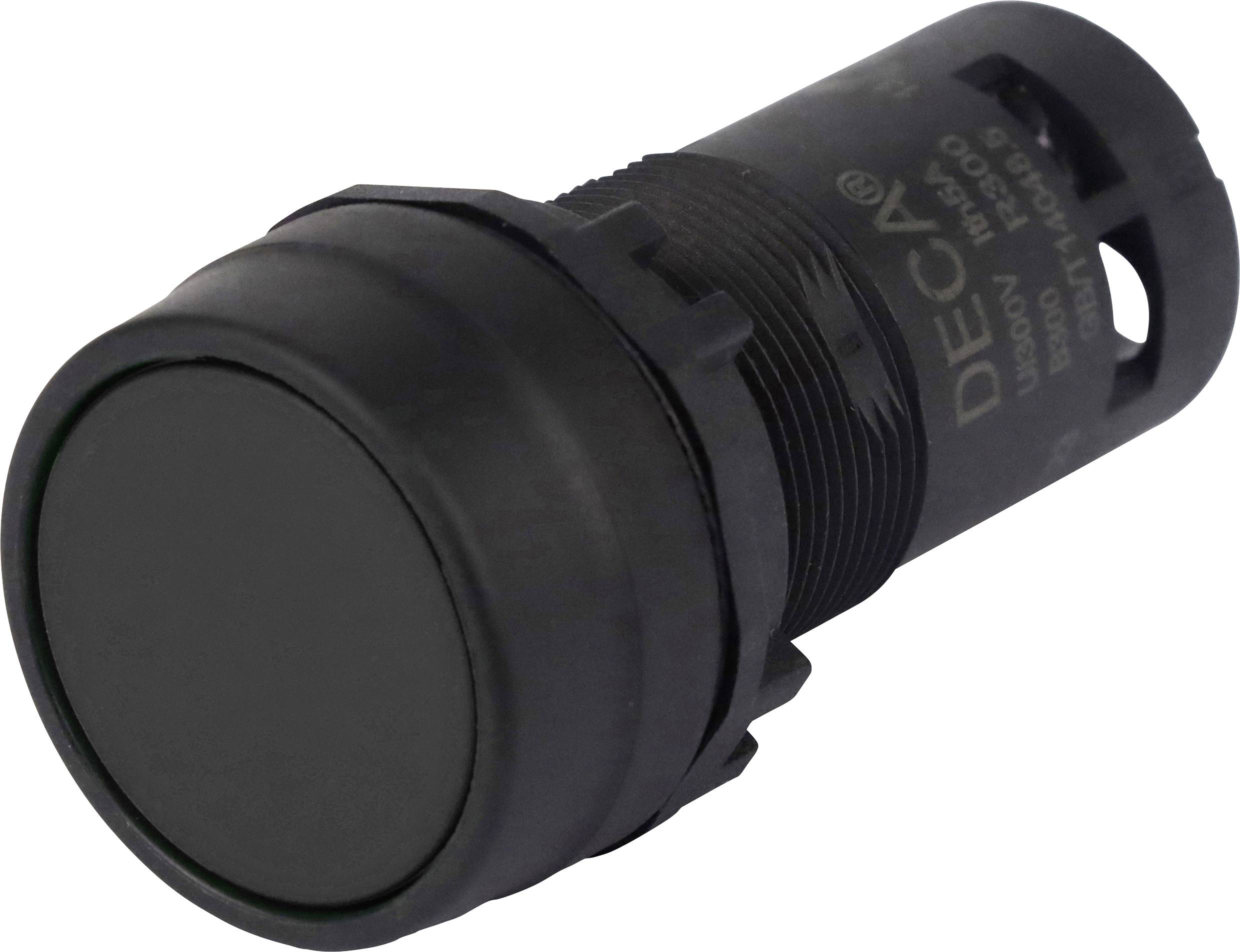 Black, round push-button switch. Device type and manufacturer name are engraved. Designed for installation in electronic devices.