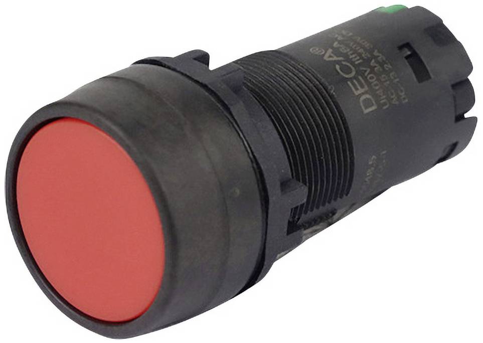 Red push-button switch in cylindrical form, predominantly black, with some technical details printed on it.