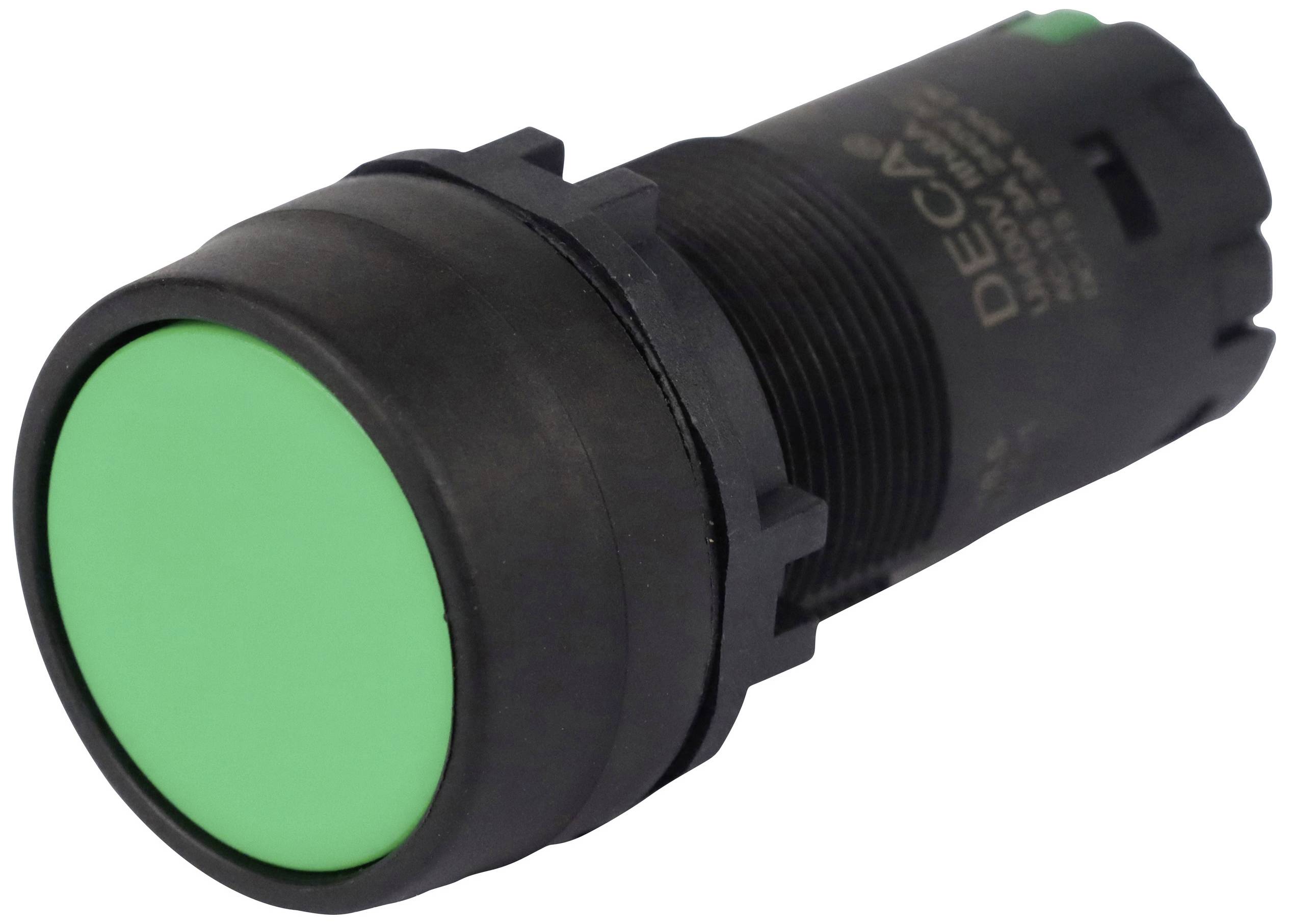Green push button, side view. The button has a cylindrical black base, suitable for industrial applications.