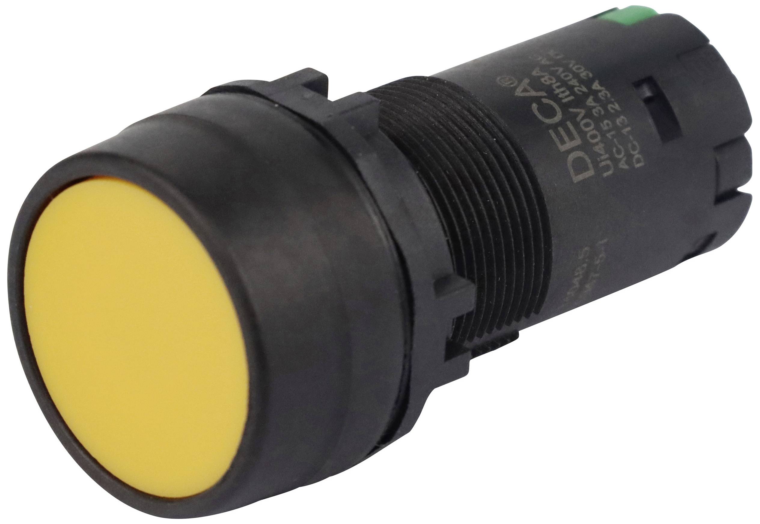A yellow round push button with a black border and labelling on top. The button is suitable for electronic control systems.
