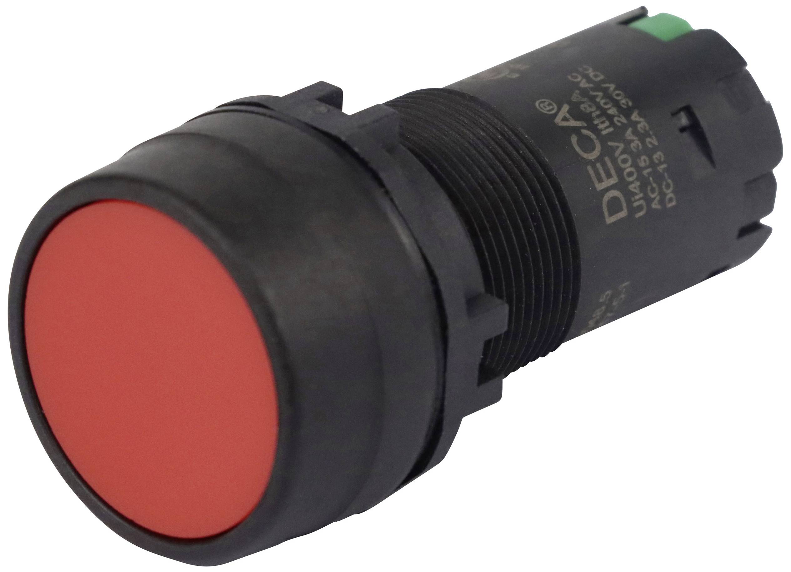 Black push button with a red cap, possibly for electrical or mechanical controls, on a white background.(Note: The translation is in British English and maintains the original meaning and description.)