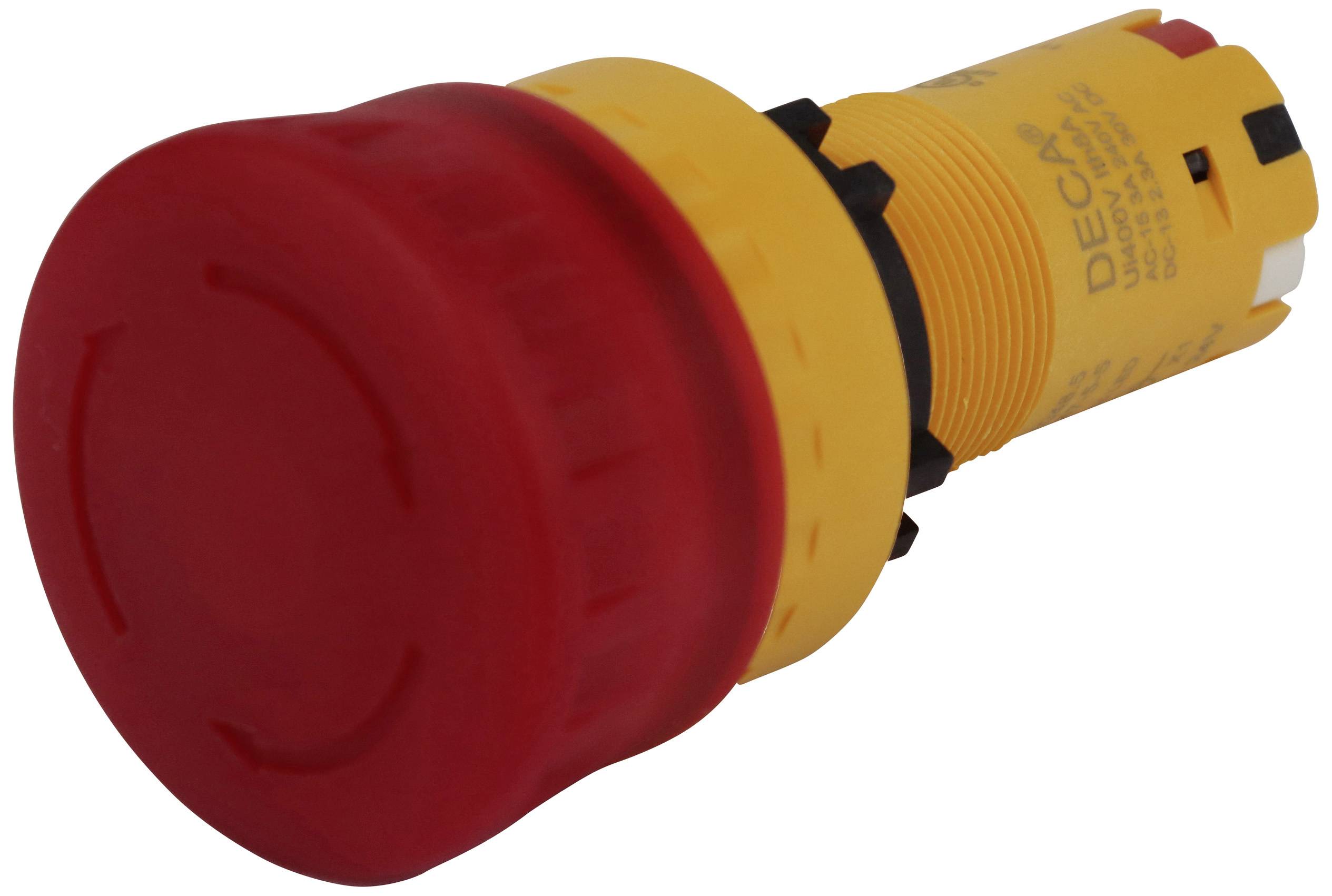 Red emergency stop button with yellow base, used for quickly interrupting electrical circuits in emergency situations.
