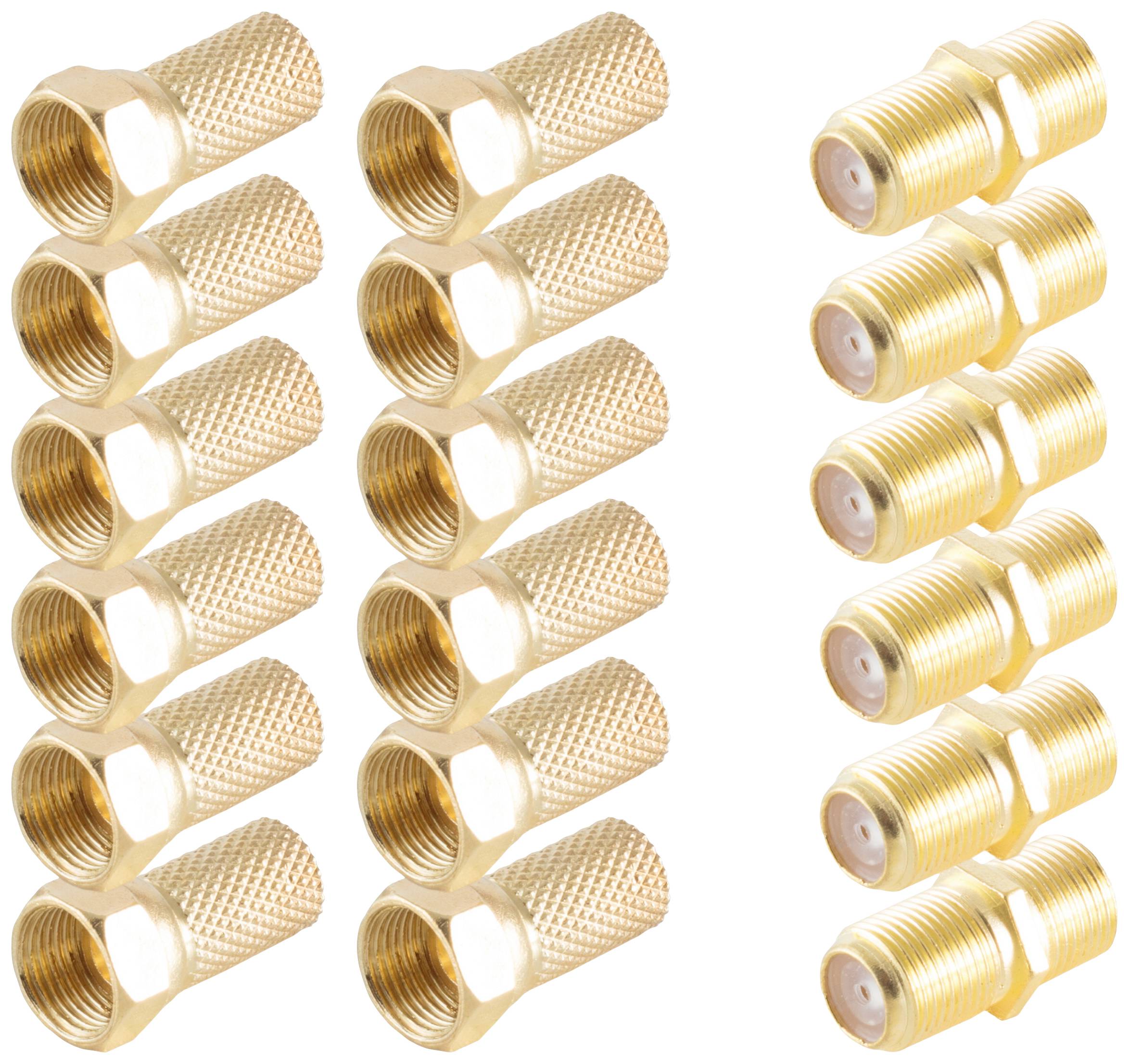 Ten golden F-plugs and five F-adapters for coaxial cable, arranged in two rows. Suitable for TV and satellite connections.