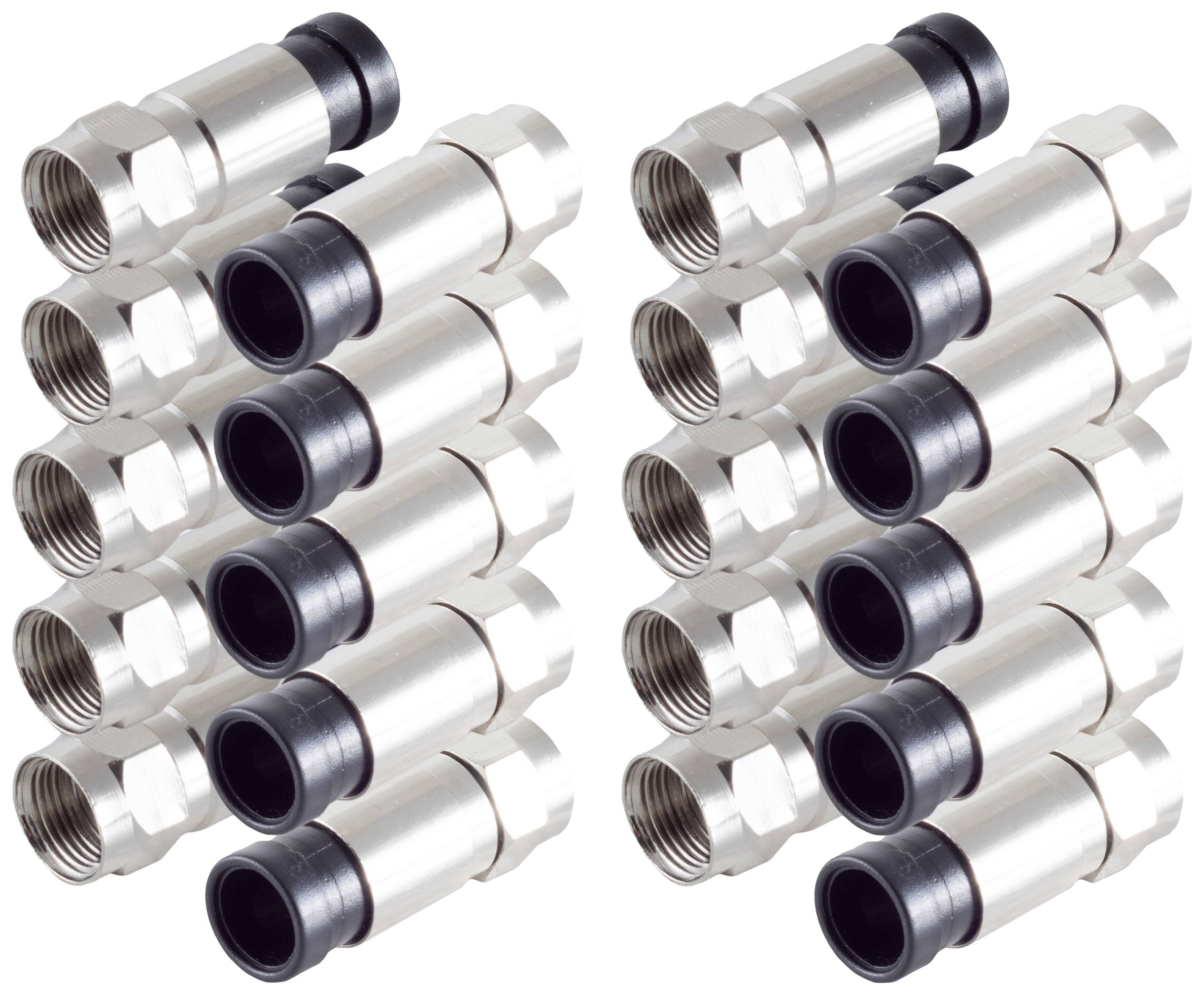 Four rows of three silver metal connectors with black heads, on a white background.