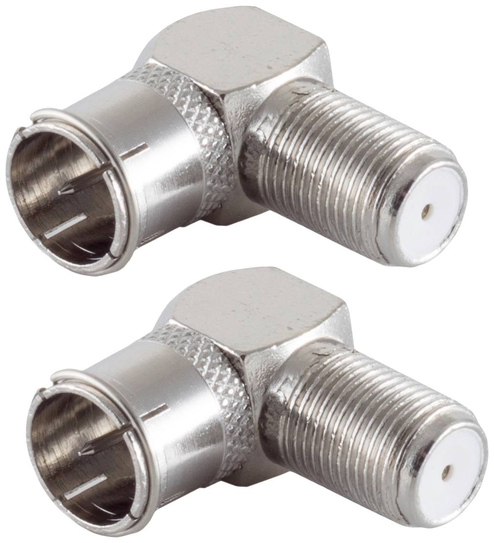Two metal coaxial cable angle adapters that enable right-angled connections.