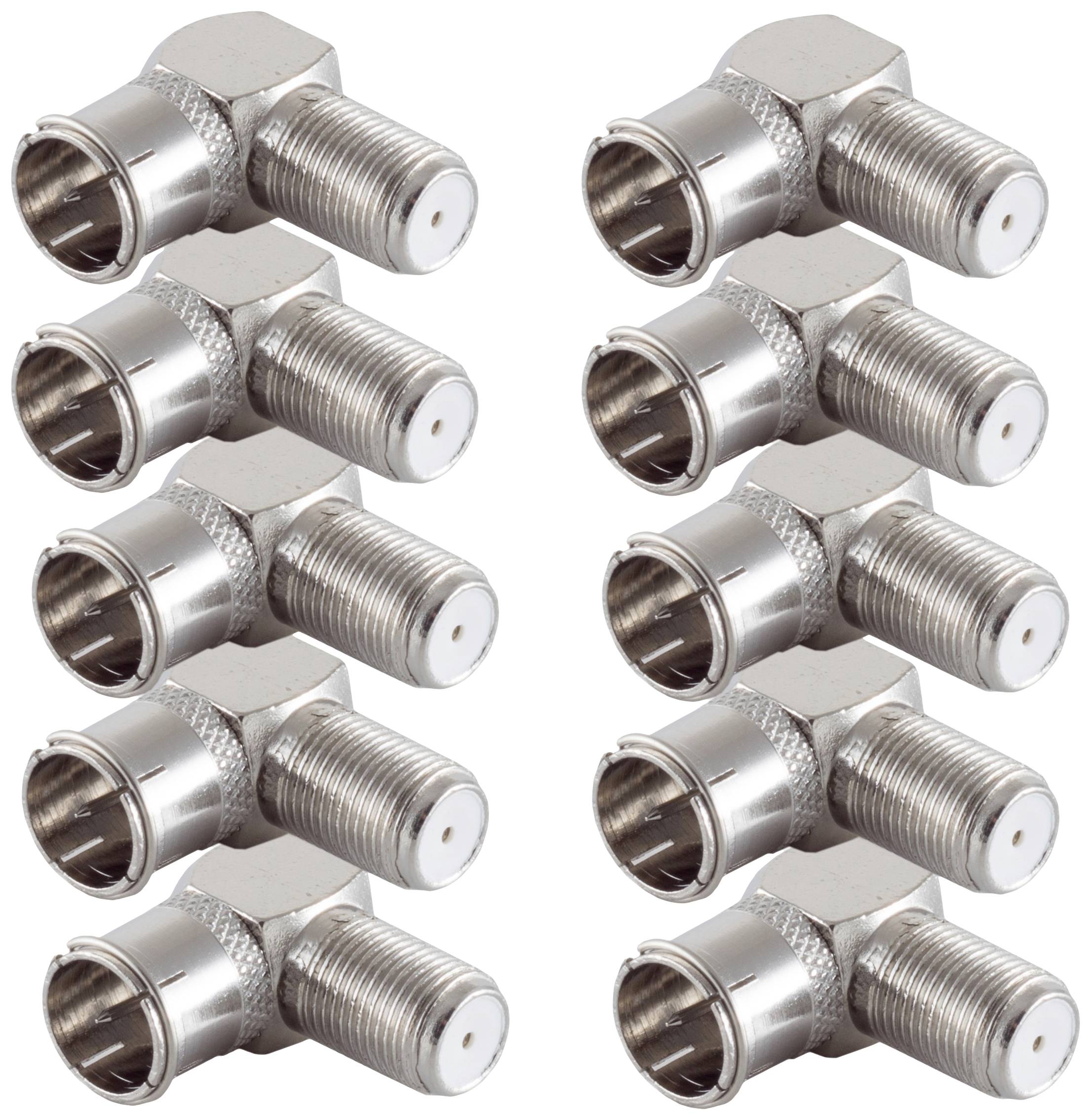 A set of ten L-shaped metal adapters for coaxial cables, arranged in two vertical rows.