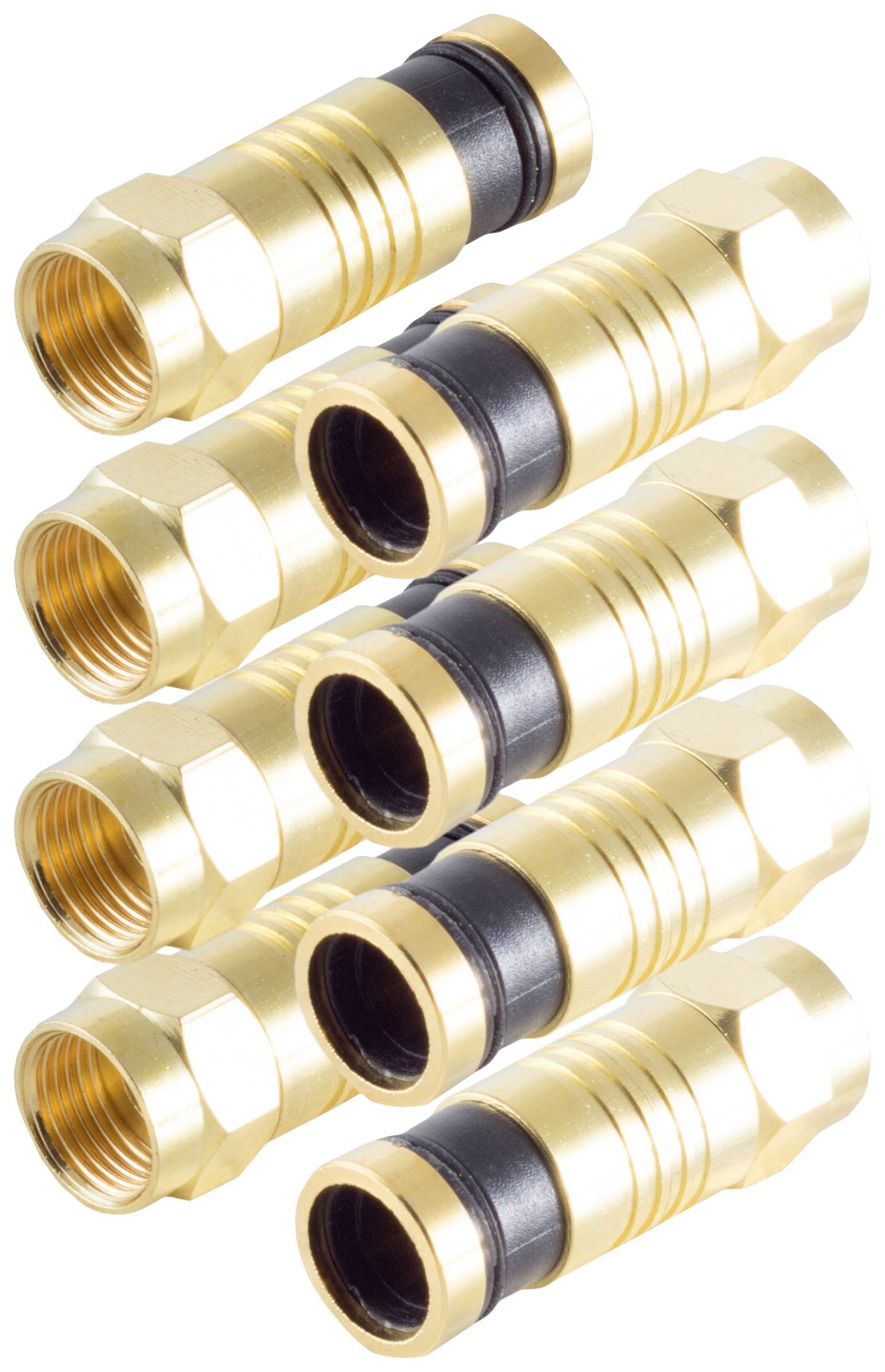 Eight gold-coloured F connectors with black sealing rings, arranged in two parallel rows. Suitable for coaxial cable connections.