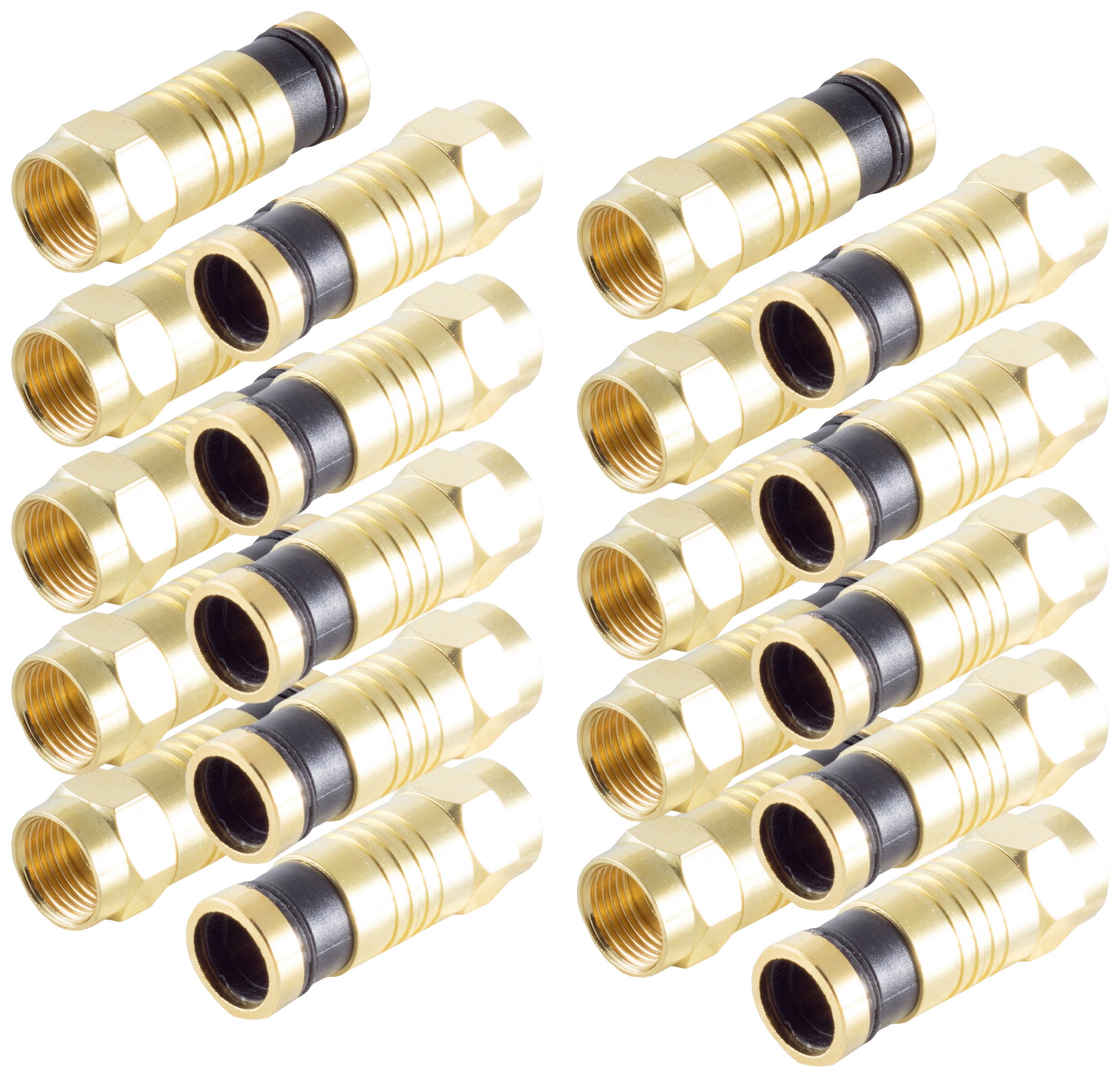 Nineteen gold-coloured connectors with a black central ring, symmetrically arranged in two rows. Suitable for coaxial cable connections.