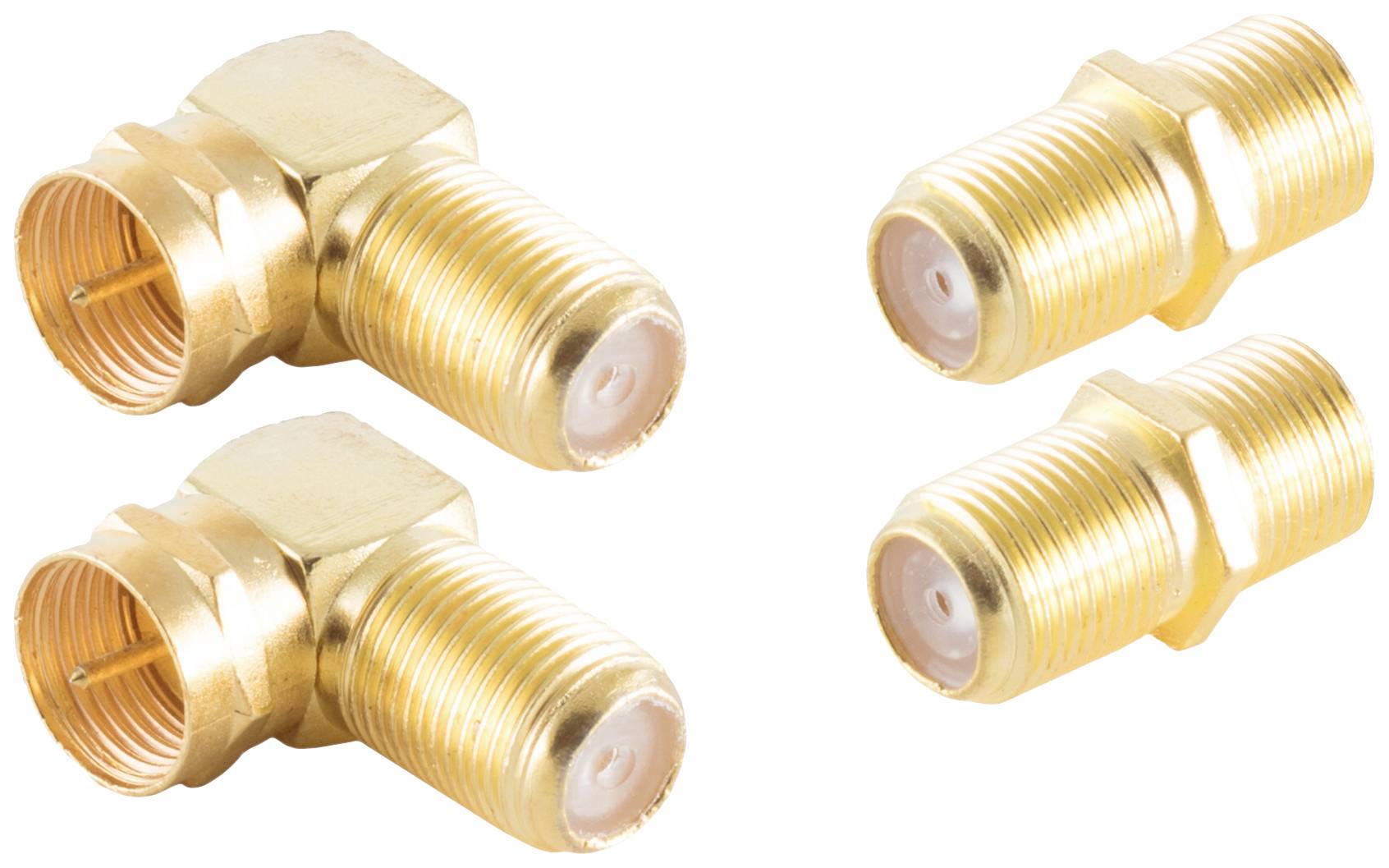 Four gold-plated coaxial adapters, two angled connectors and two straight connectors, on a white background.