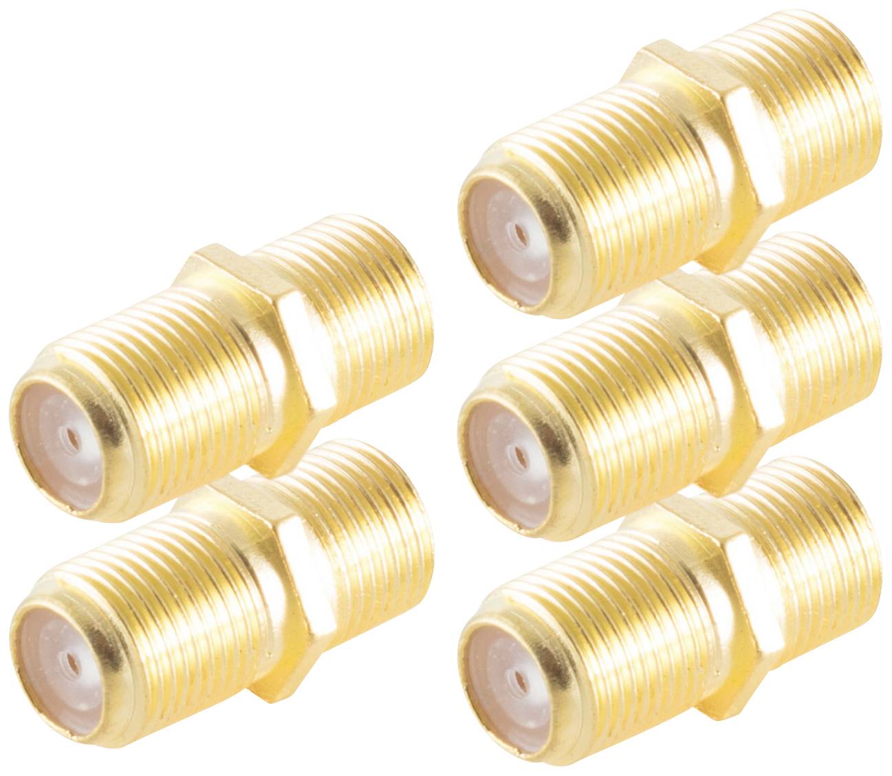 Six gold-coloured coaxial adapters with double female connections, arranged in a diagonal formation.Note: The translation is from German to British English, maintaining the original technical description and formatting.