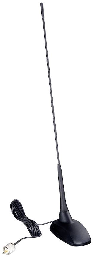 Black rod antenna with cable and plug, standing upright on a stand base. Suitable for radio or television reception.