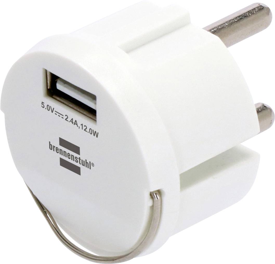 White Brennenstuhl USB wall charger with two round European plug prongs, one USB port, labeled 5.0V 2.4A 12.0W.
