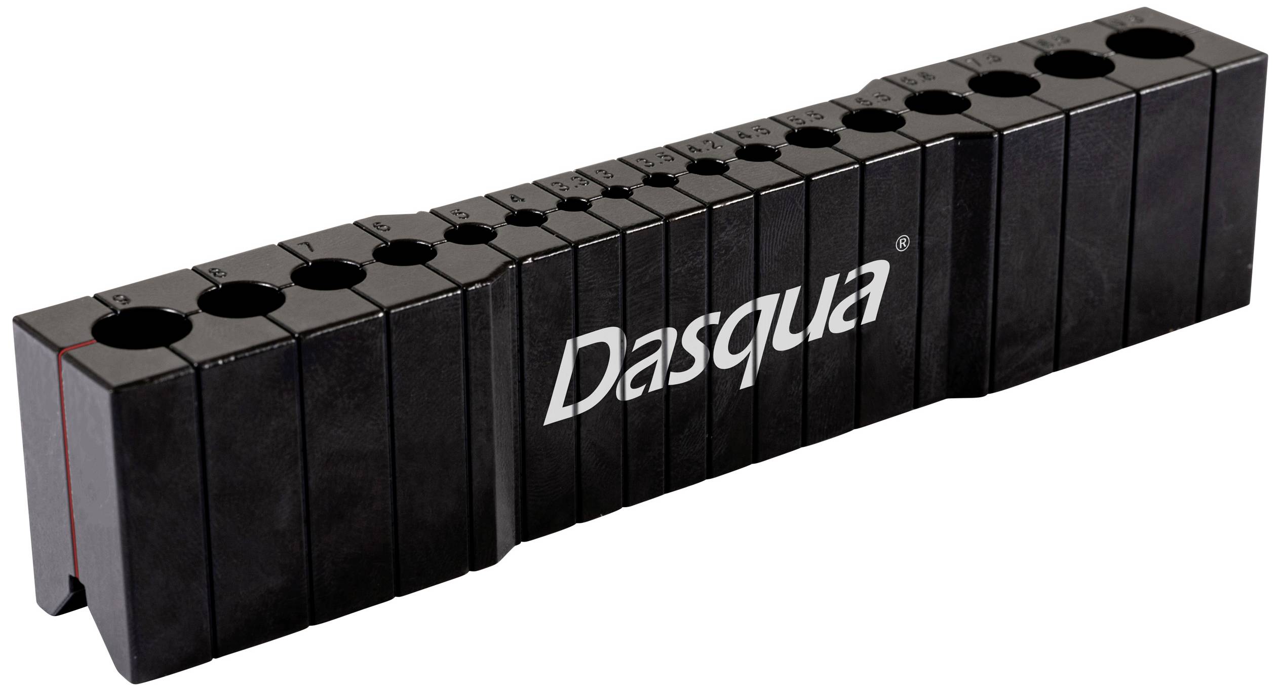 Black block with several round openings, labelled 'Dasqua', serves as a holder for measuring tools in various sizes.