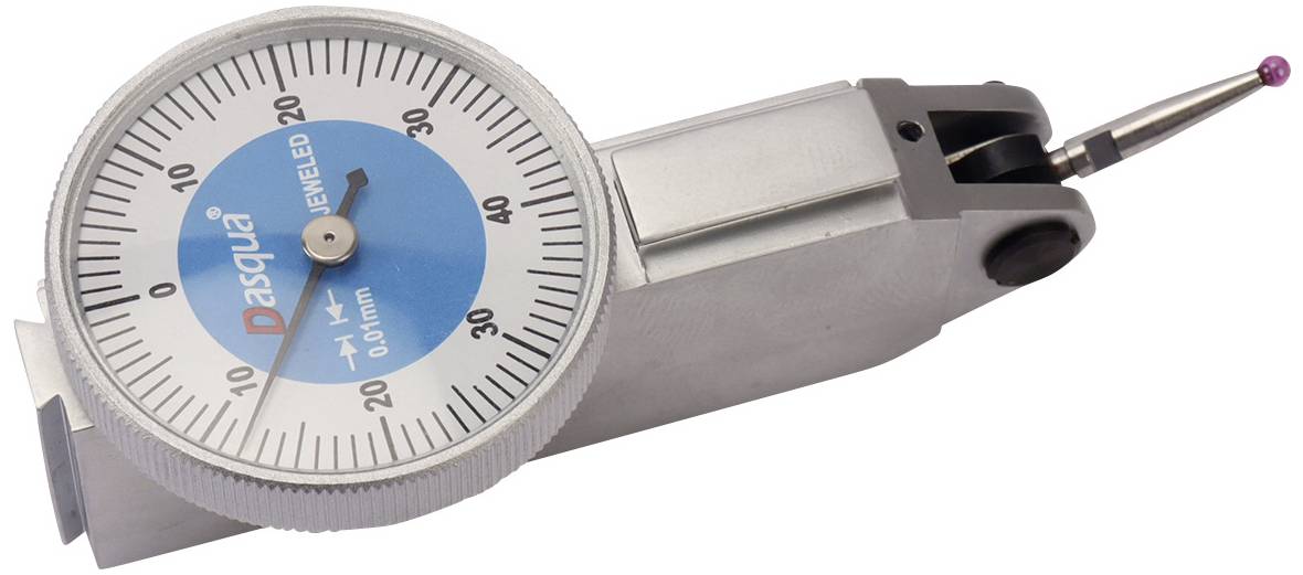 Dial head with scale, displays measurements in millimetres. Main indicator at zero, with blue centre and 'Dasqua' logo.