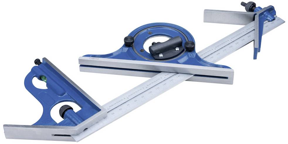 An adjustable angle guide with ruler, spirit level, and angle measuring device in blue and silver, used for precise measuring and marking out.