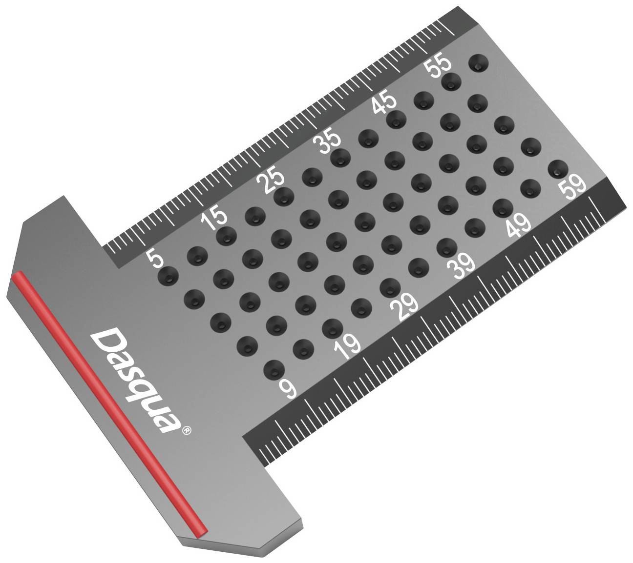 A metal protractor with black markings for measuring angles. A red line adorns the edge of the device.