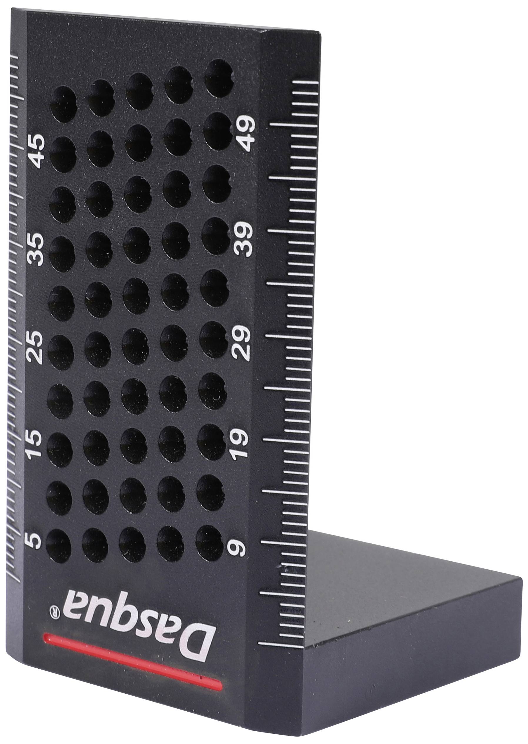 A black, L-shaped tool with a millimetre-precise scale, marked 'Dasqua', and many holes for precise measurement.