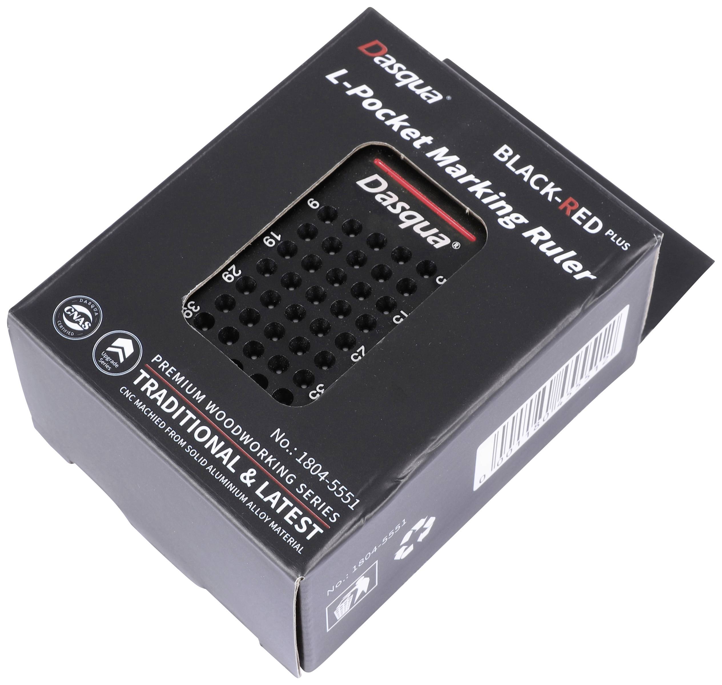 Black packaging for a 'Dasqua' L-angle and marking gauge, suitable for premium woodworking, with red accents and white text.