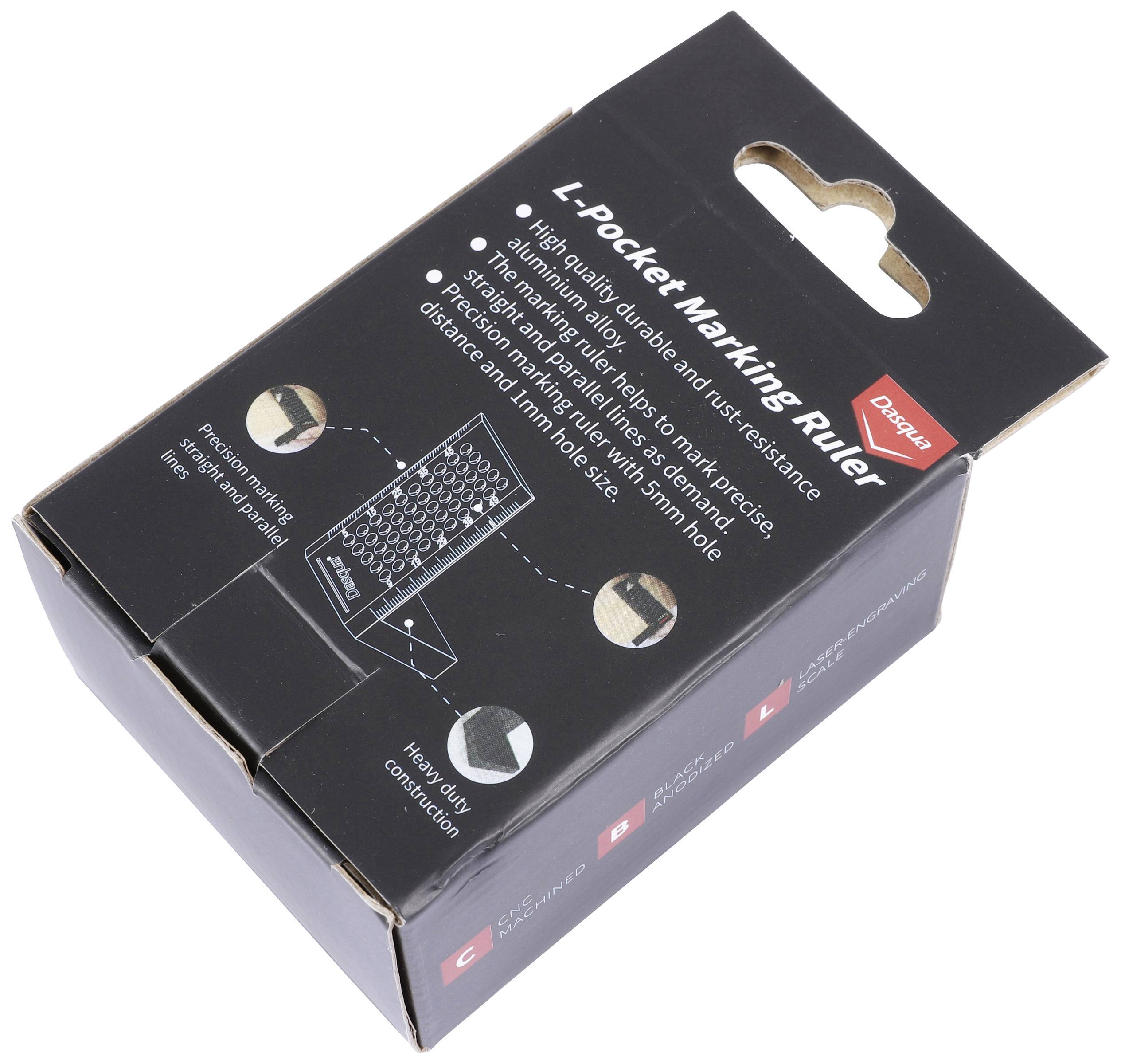 Black packaging for an 'L-pocket Marking Ruler' featuring an image of the product and functional descriptions in text form.