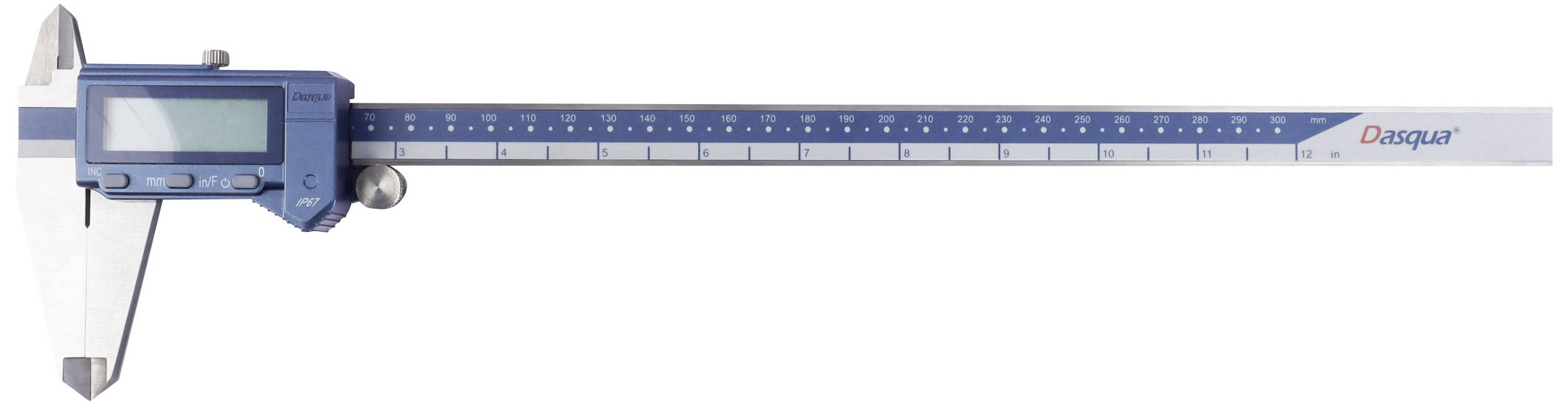A digital calliper with a blue display and a metric scale, enabling precise length measurements.