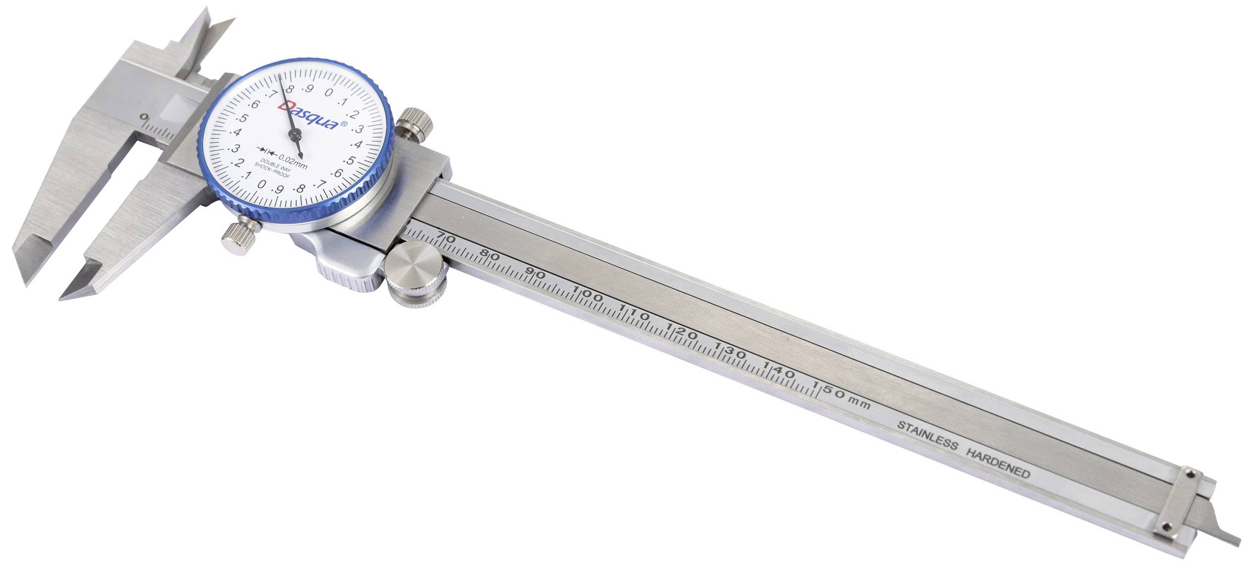 A silver vernier calliper with a dial for precise measurement of objects. It displays accurate millimetre markings.