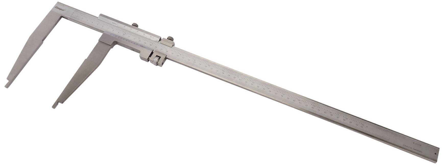 A large metal vernier calliper with a scale, used for length measurement in craft and industrial applications.