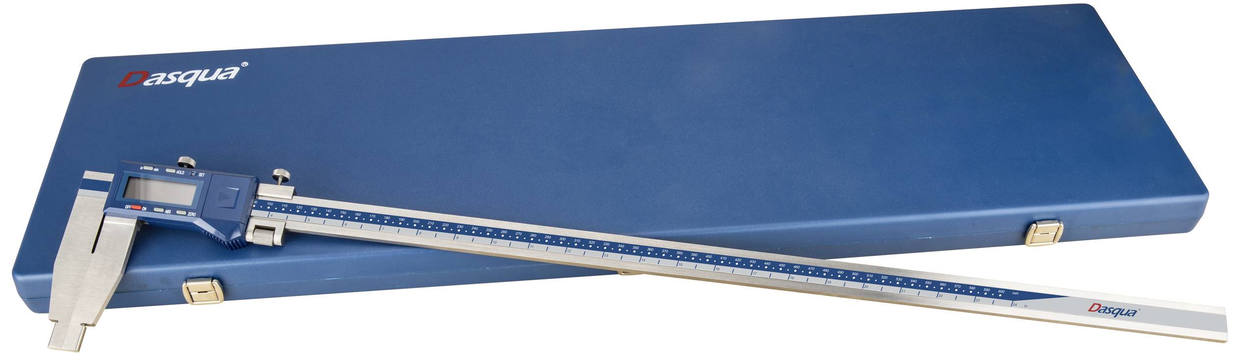 A blue digital calliper rests on a blue case.