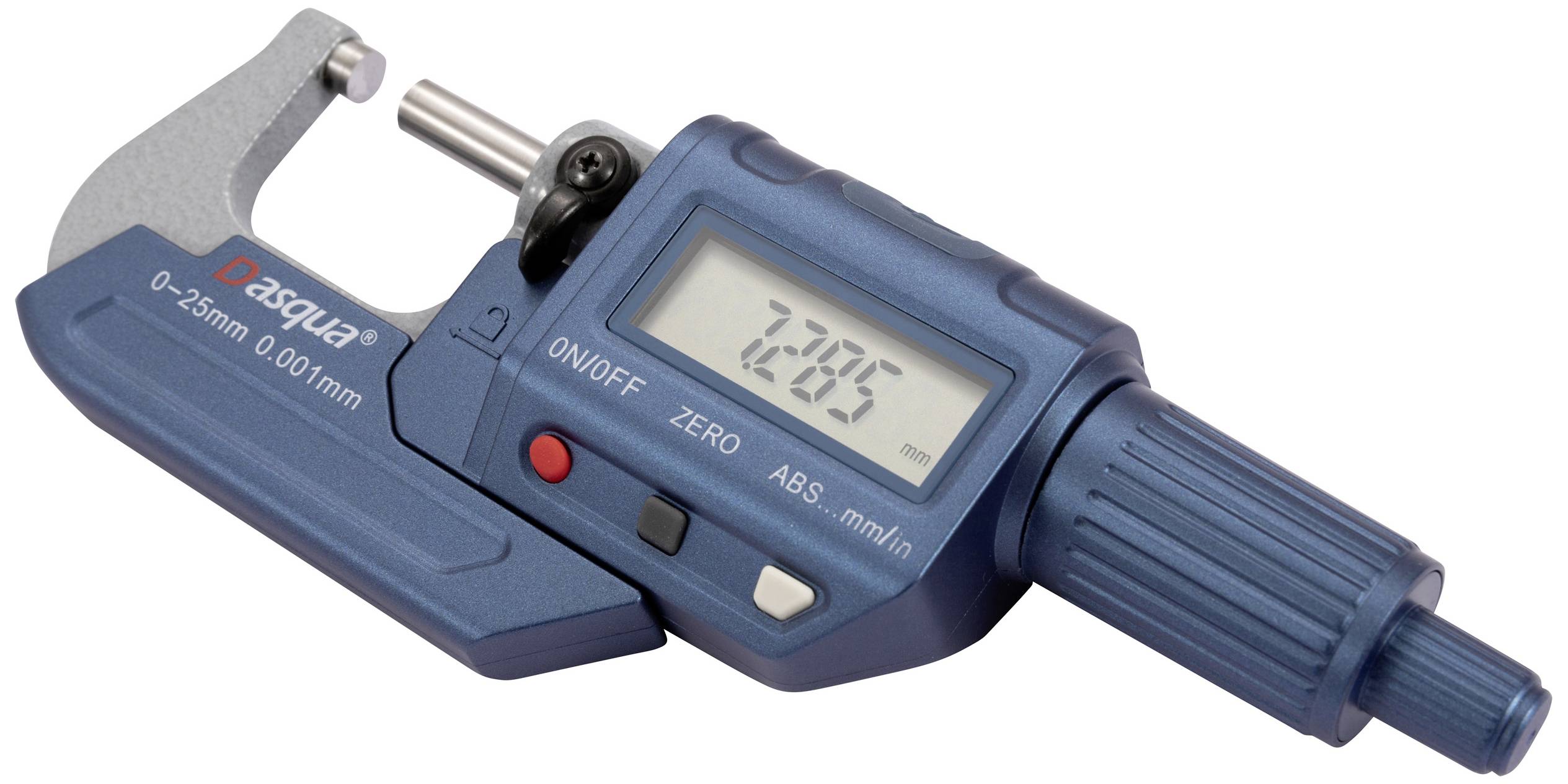 Micrometer with digital display showing value '7.285'. Device for measurements from 0-25mm, accuracy 0.001mm.