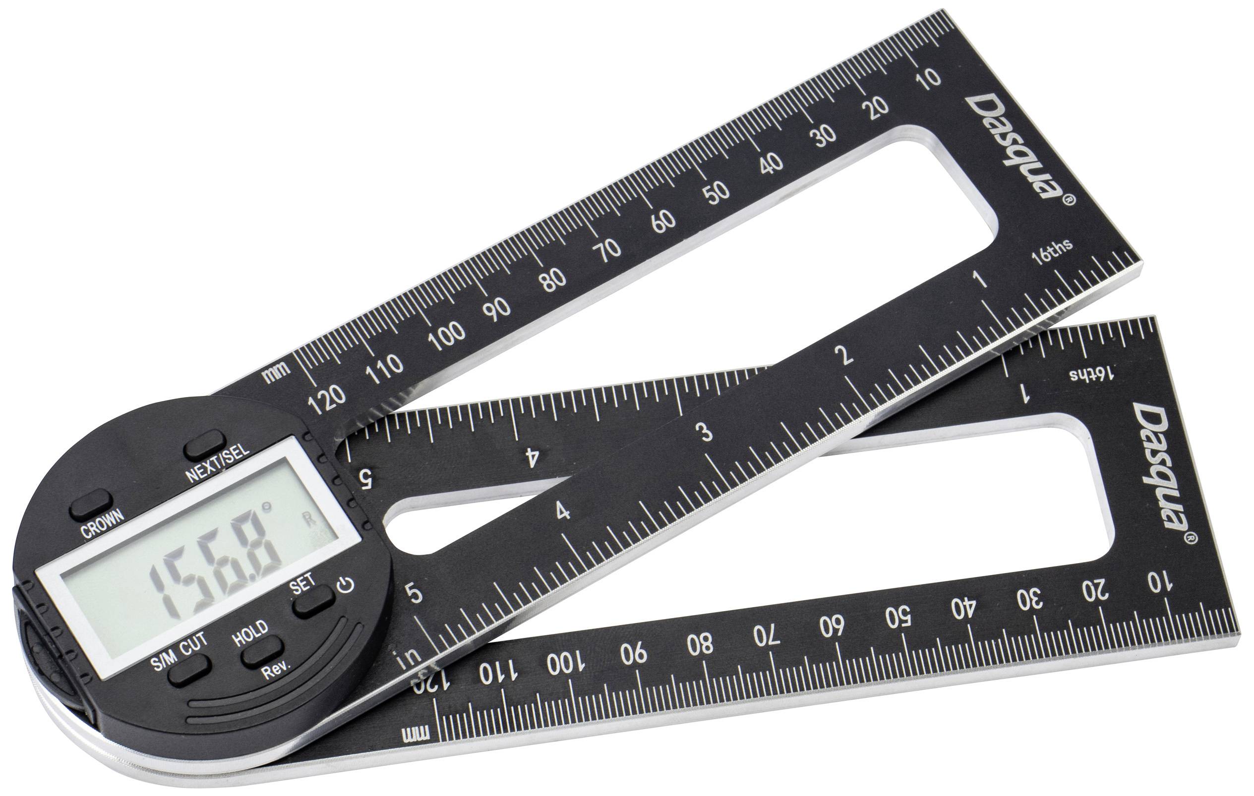 Digital protractor with LCD display showing 156.8 degrees. Black ruler design with metric and imperial units.