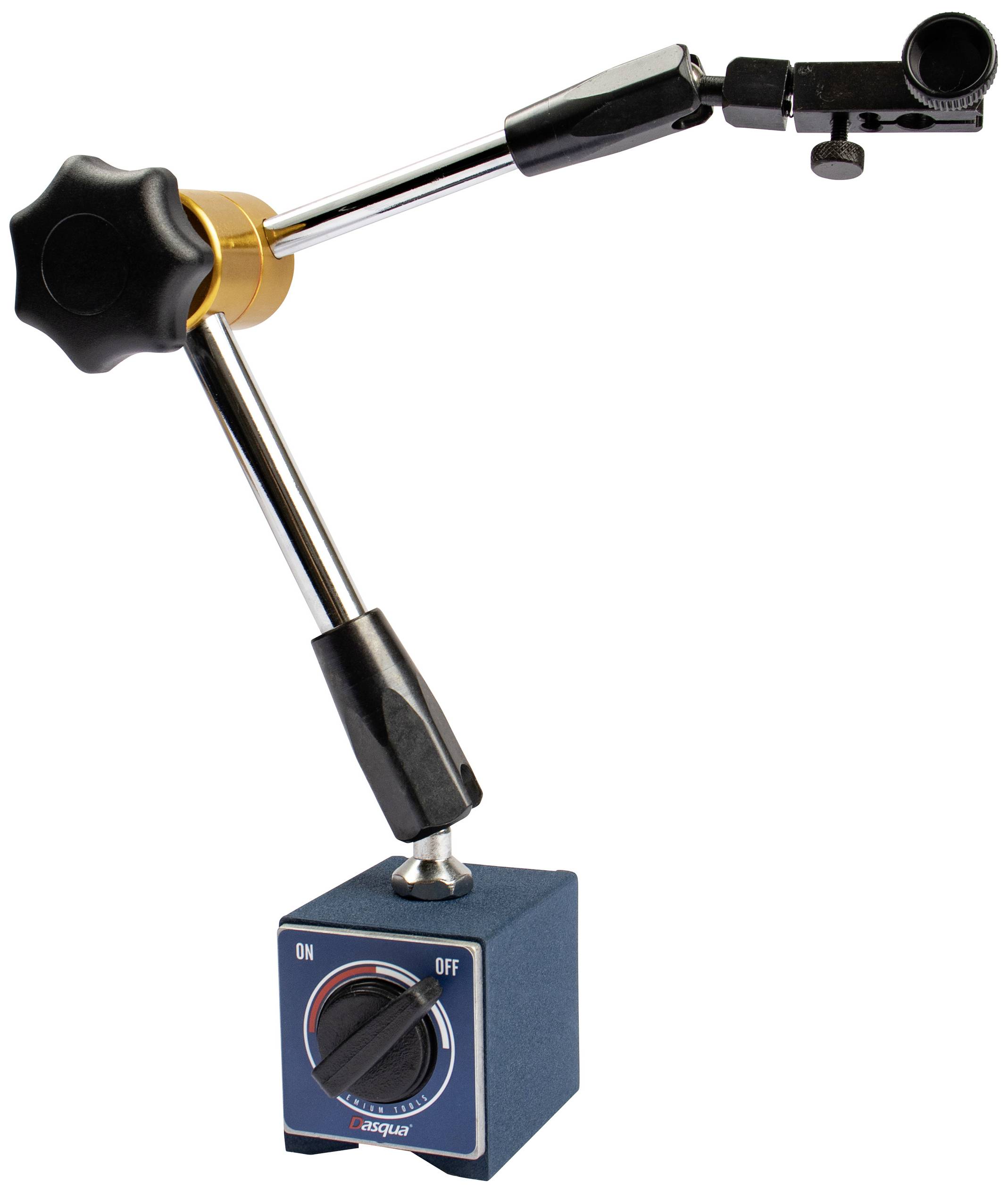 Magnetic measuring stand with articulated arms and rotary switch at the base, suitable for mounting measuring instruments in metalworking.