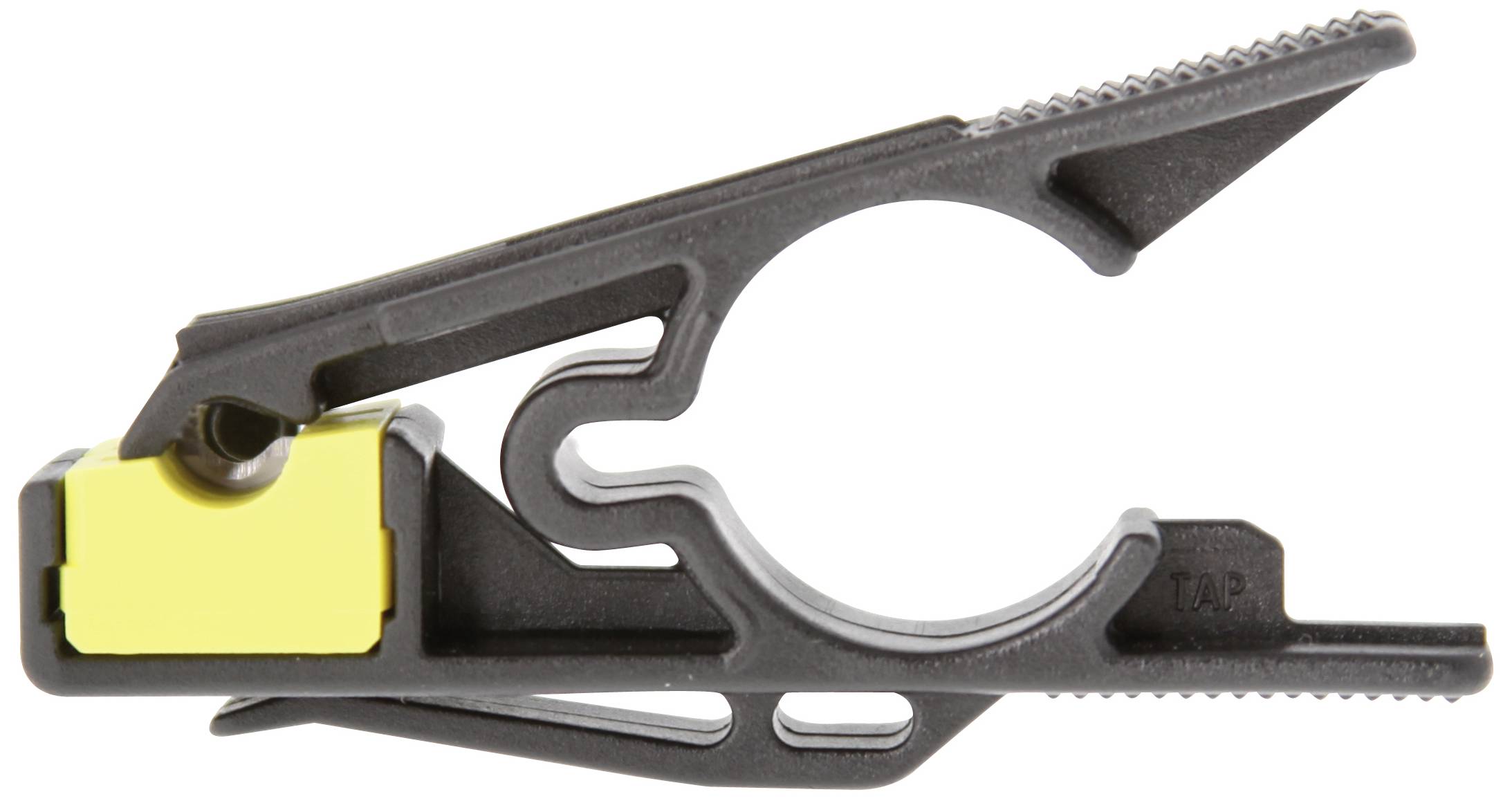A black plastic clip with a yellow surface, possibly a tensioning tool or cable holder, on a white background.