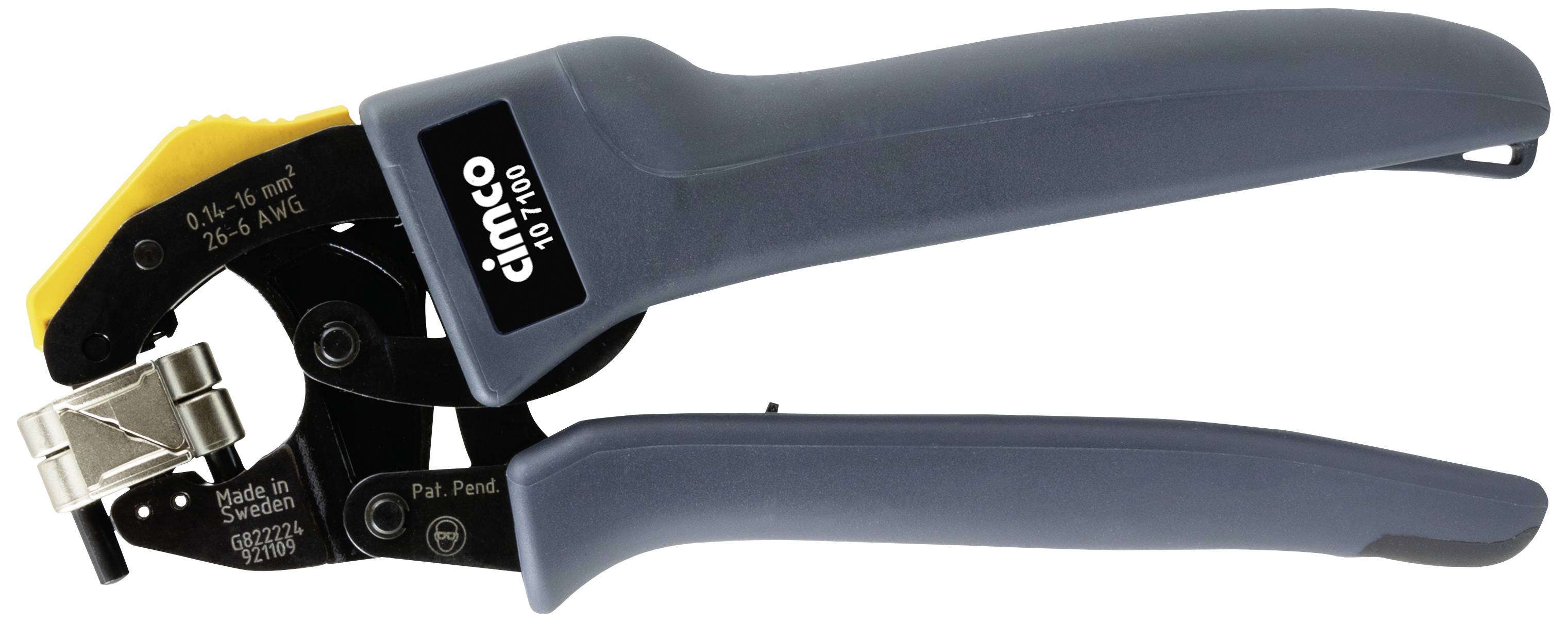 Crimping pliers with blue handles and yellow detail, suitable for cable sizes from 0.14-6 mm². 'Cimco' brand on the side.