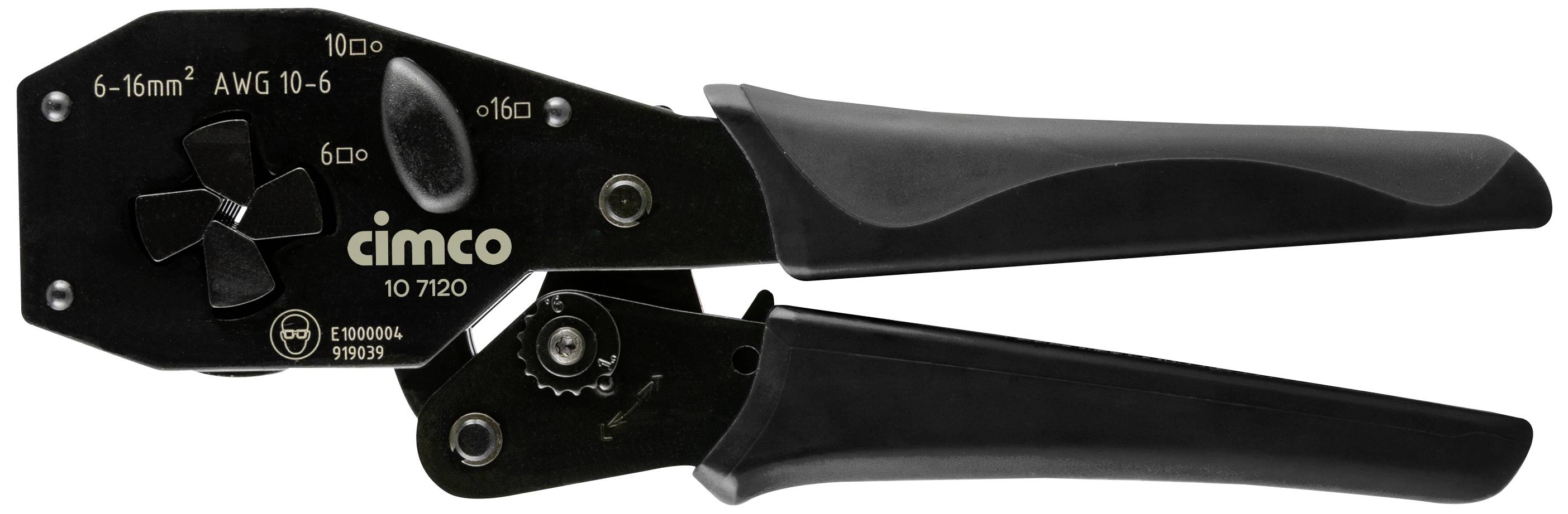 Black crimping pliers by Cimco, suitable for 6-16 mm² and AWG 10-6 cables. They have ergonomic handles and are designed for electrical work.