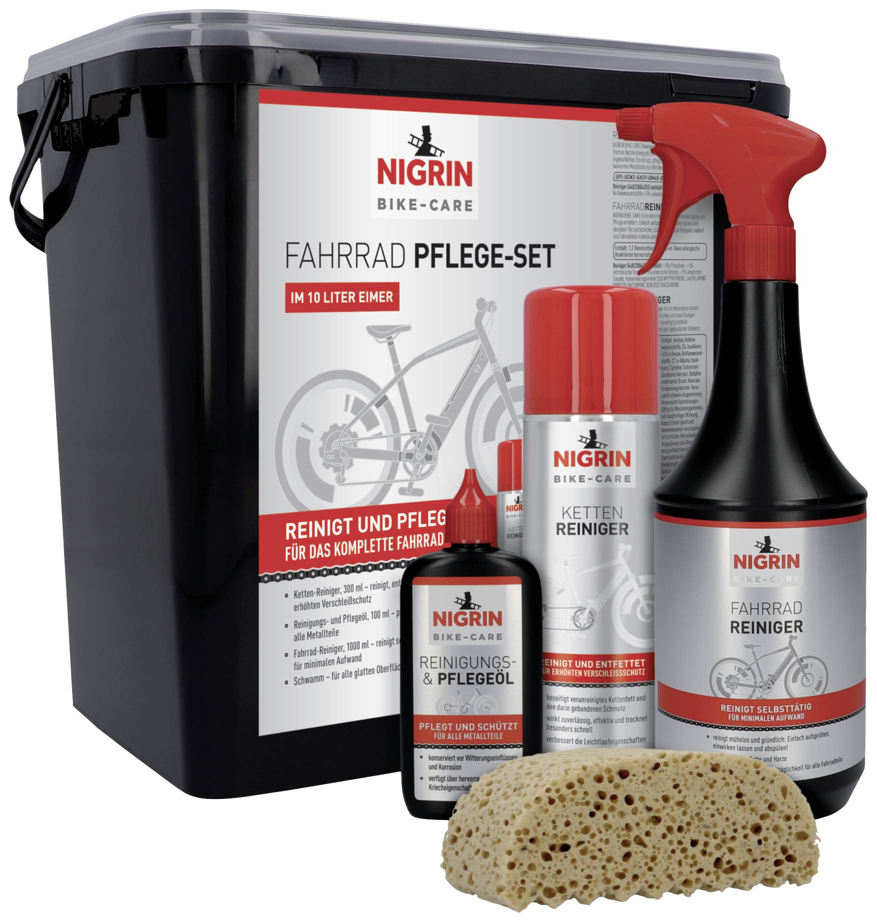 Bicycle Care Kit consisting of cleaning and maintenance products in a 10-litre bucket. Includes cleaner, chain degreaser, maintenance oil and sponge.
