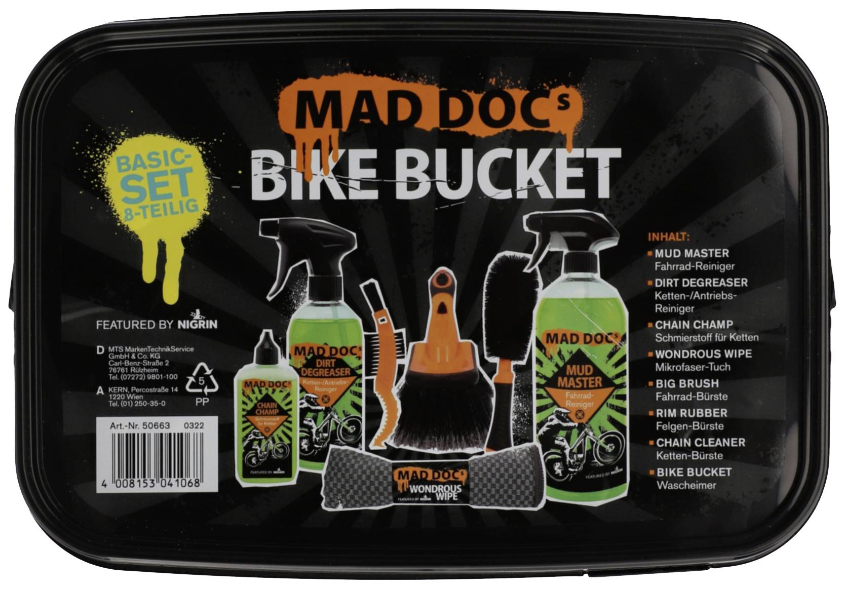 'Mad Doc's Bike Bucket': A set of bicycle cleaning products, including dirt remover, chain cleaner, brushes and cloths.